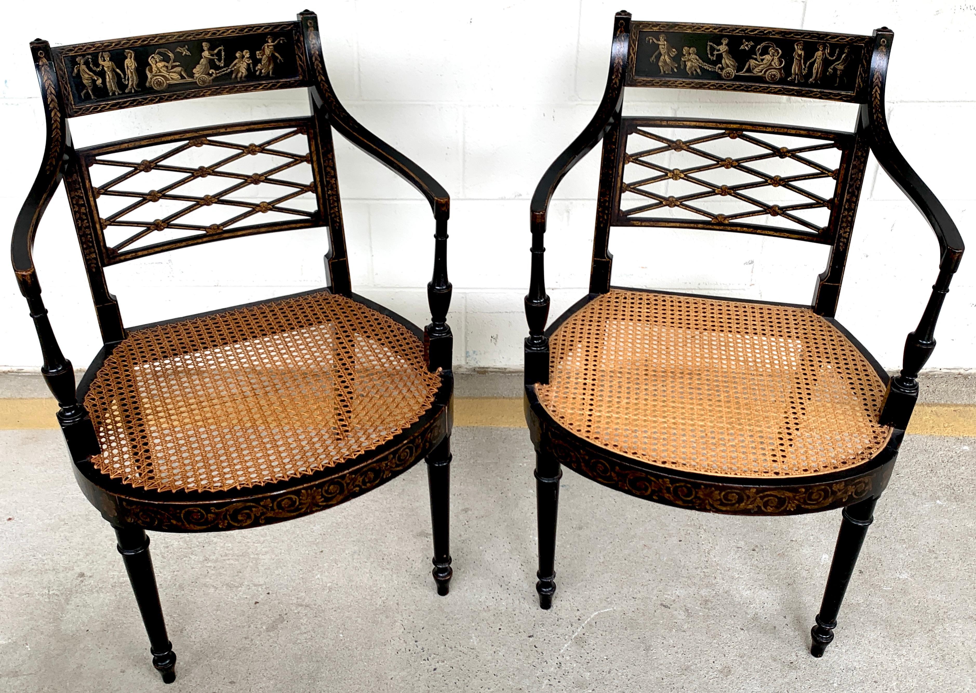 English Pair of Regency Black and Polychrome Cane Seat Armchairs For Sale