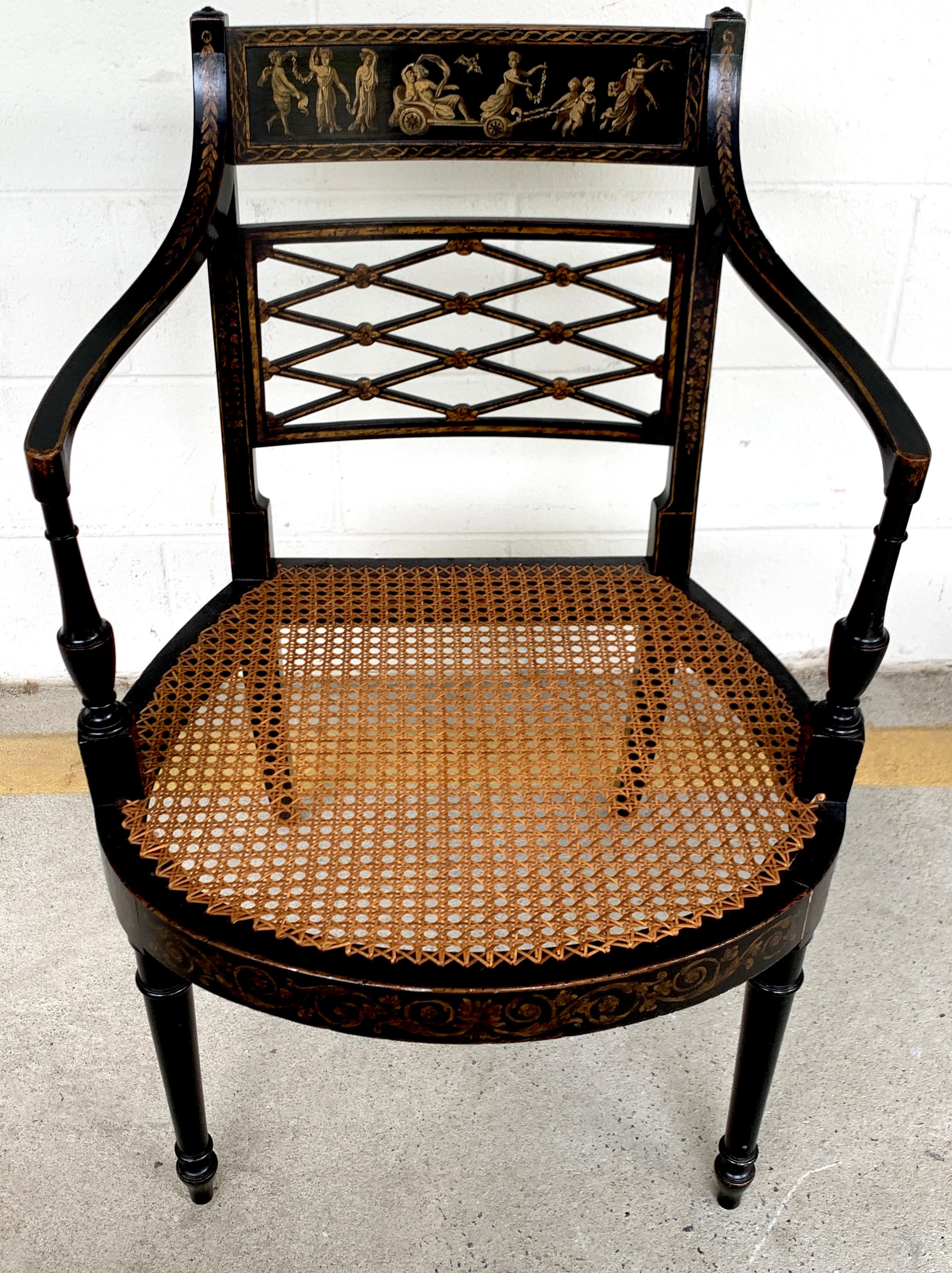 Pair of Regency Black and Polychrome Cane Seat Armchairs In Good Condition For Sale In Atlanta, GA