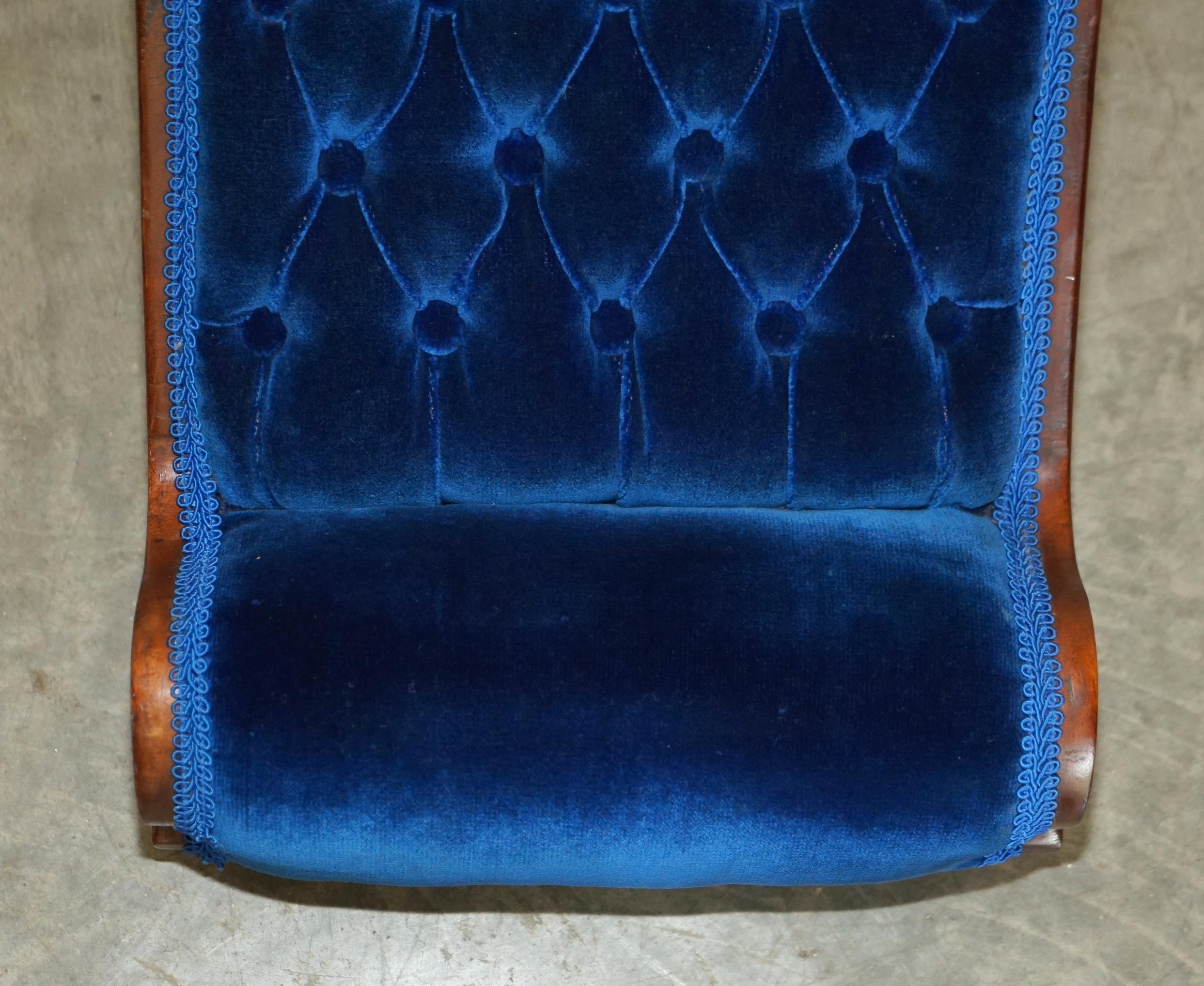 19th Century PAIR OF REGENCY BLUE ANTIQUE ViCTORIAN CHESTERFIELD TUFTED CURVED FOOTSTOOLS