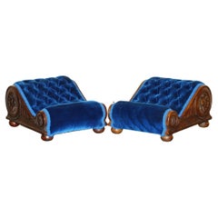 PAIR OF REGENCY BLUE ANTIQUE ViCTORIAN CHESTERFIELD TUFTED CURVED FOOTSTOOLS