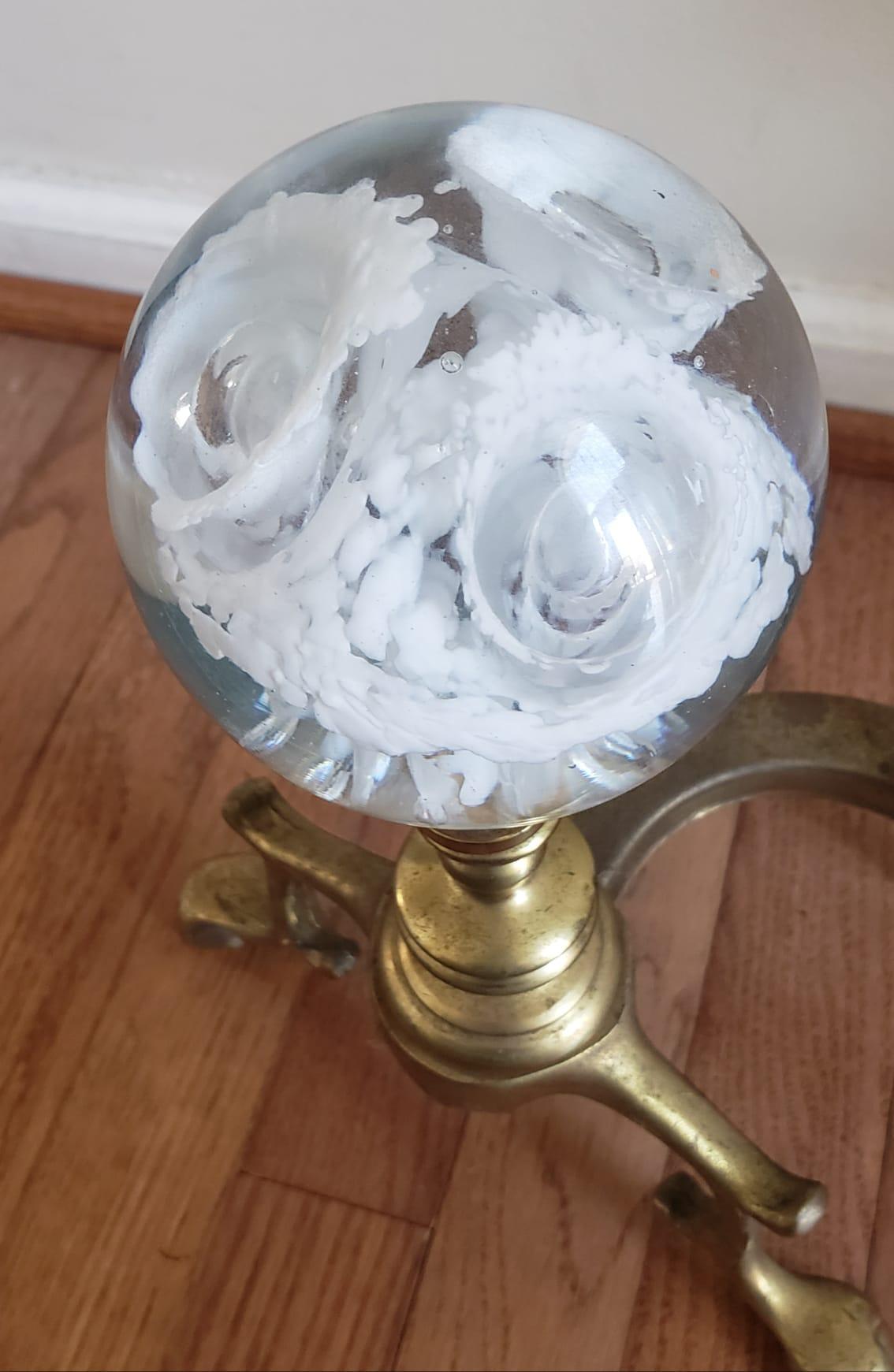 Italian Pair of Regency Brass & Murano Glass Ball Andirons For Sale