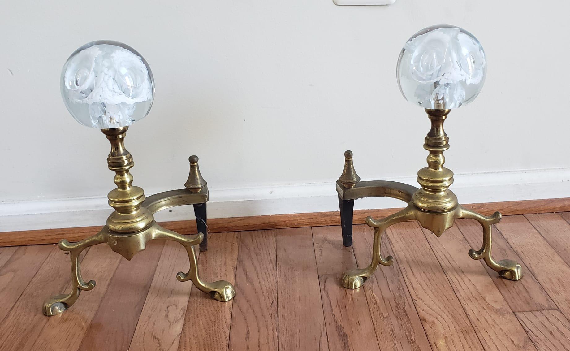 20th Century Pair of Regency Brass & Murano Glass Ball Andirons For Sale