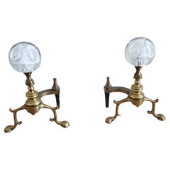 Antique Pair of Regency Brass & Murano Glass Ball Andirons