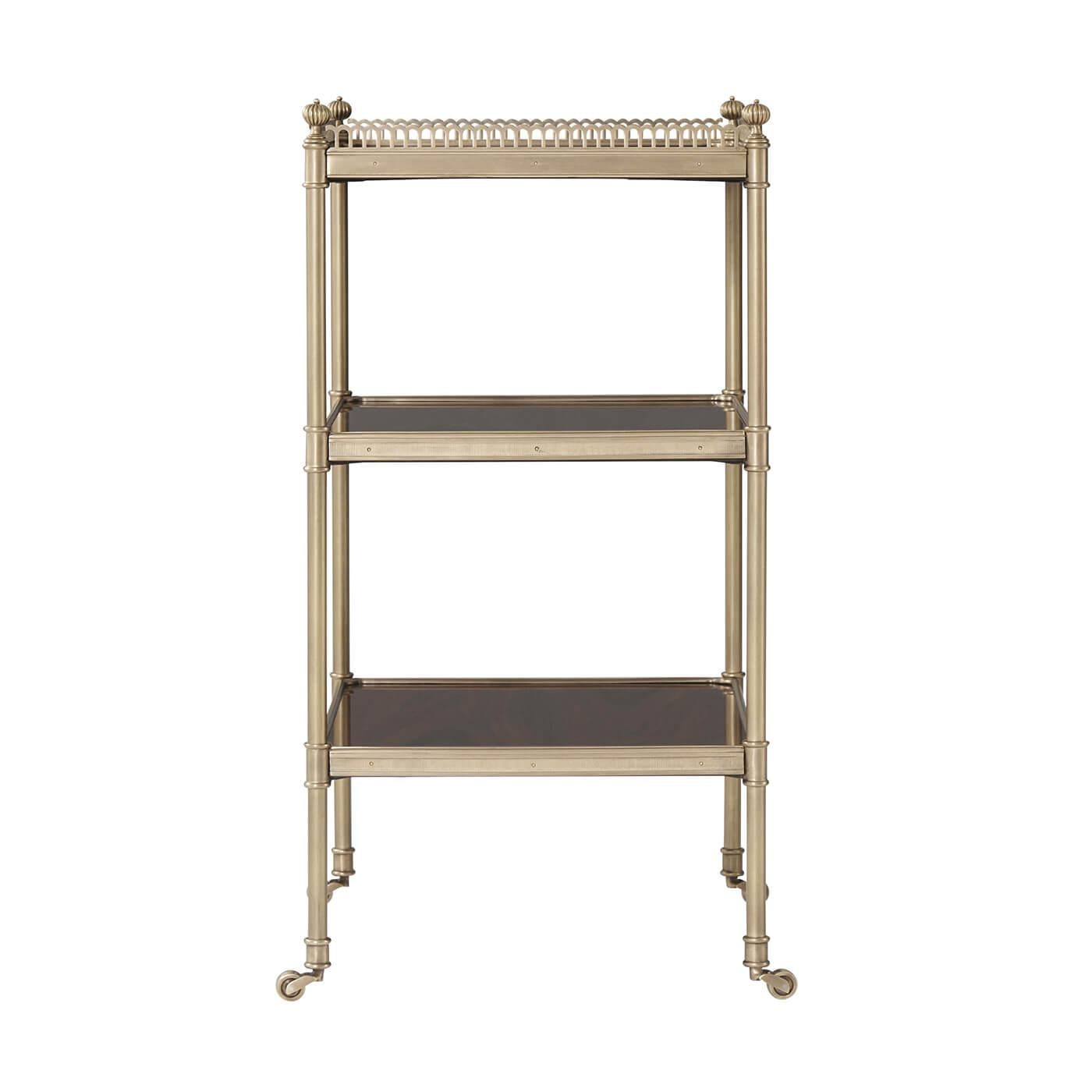 Contemporary Pair of Regency Brass Three Tier Side Tables For Sale