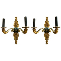 Vintage Pair of Regency Bronze and Ebony Sconces Two Arm by Leviton