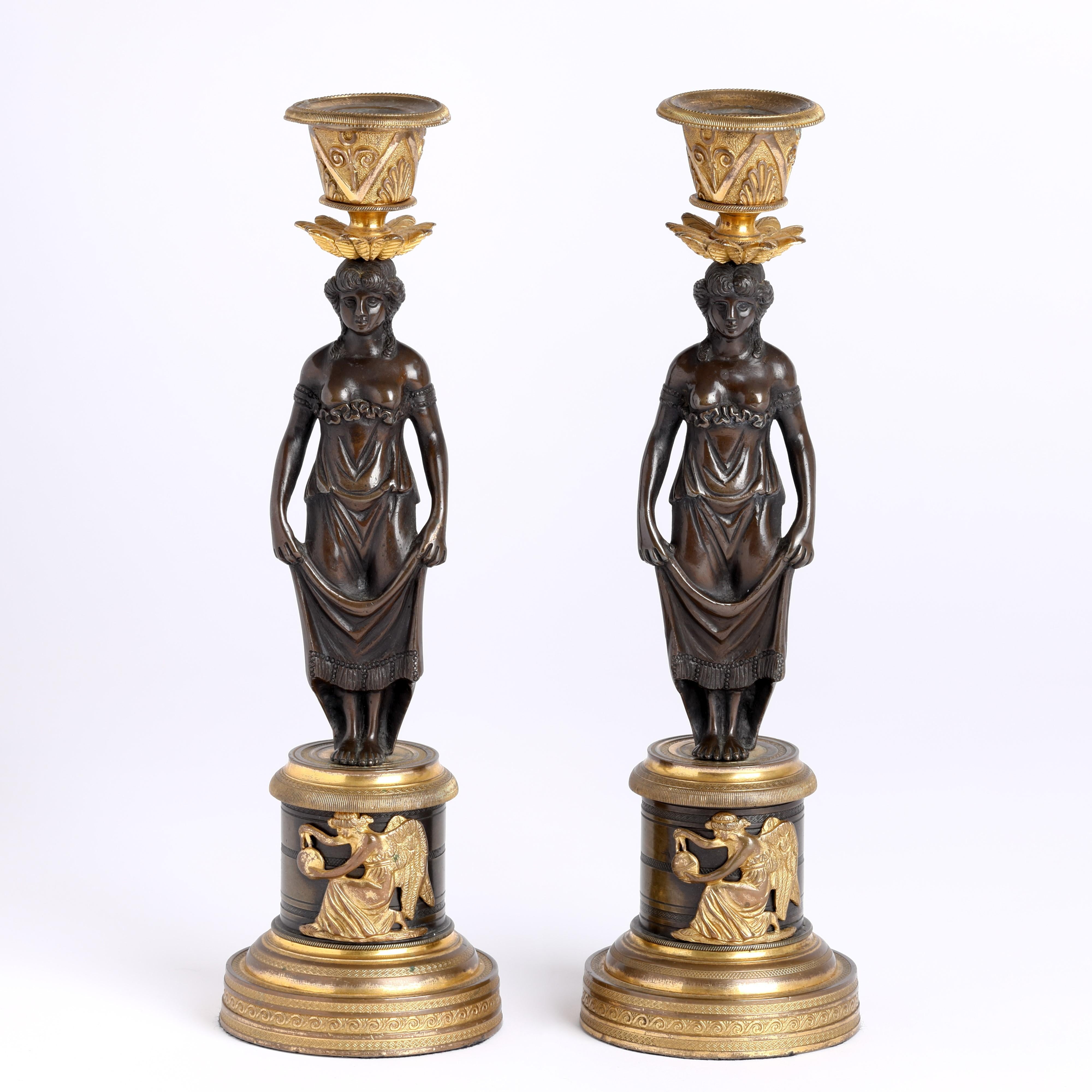 English Pair of Regency Bronze and ormolu figural Candlesticks For Sale