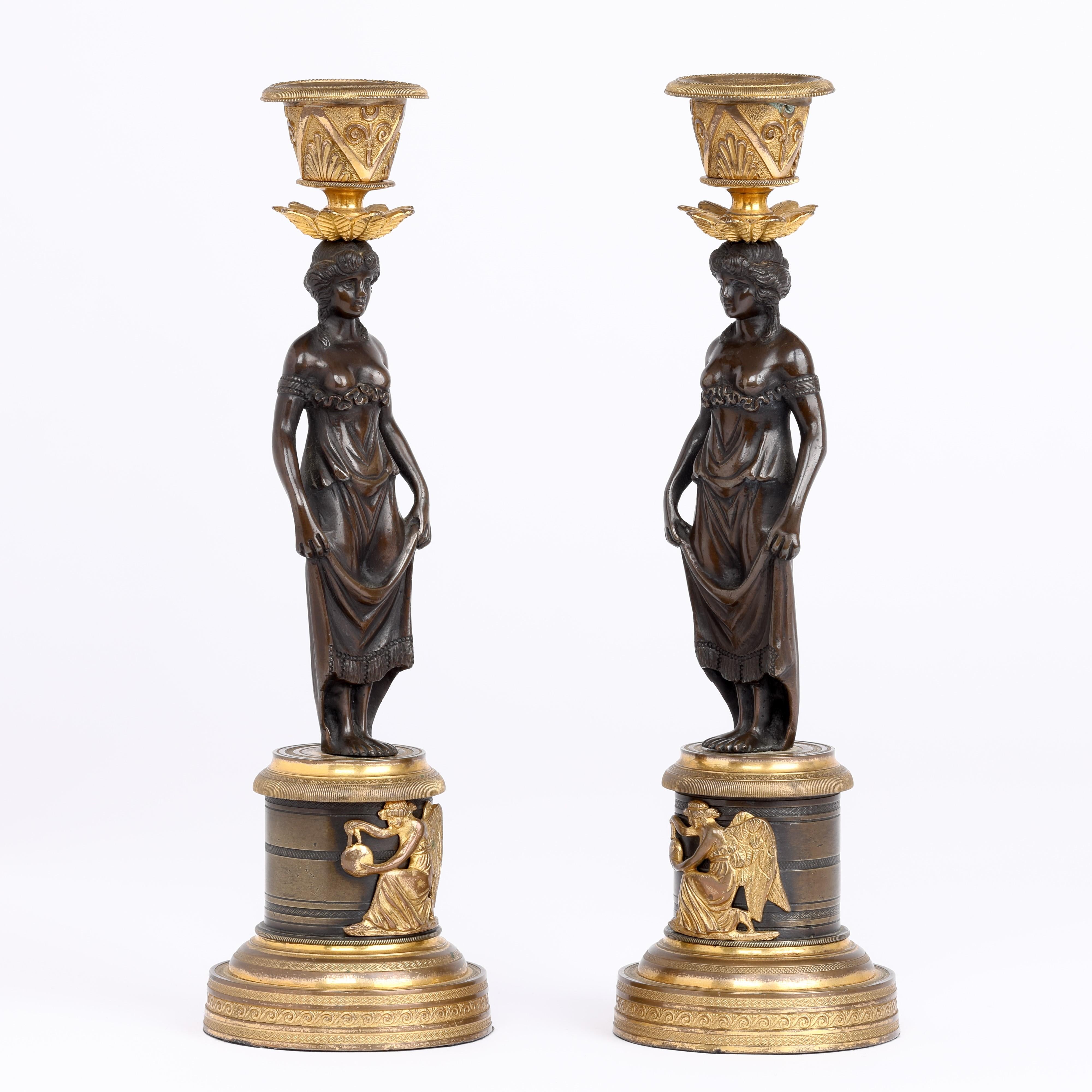 Pair of Regency Bronze and ormolu figural Candlesticks In Good Condition For Sale In Folkestone, GB