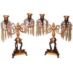Pair of Regency Bronze and Ormolu Two-Light Lustre Candlesticks