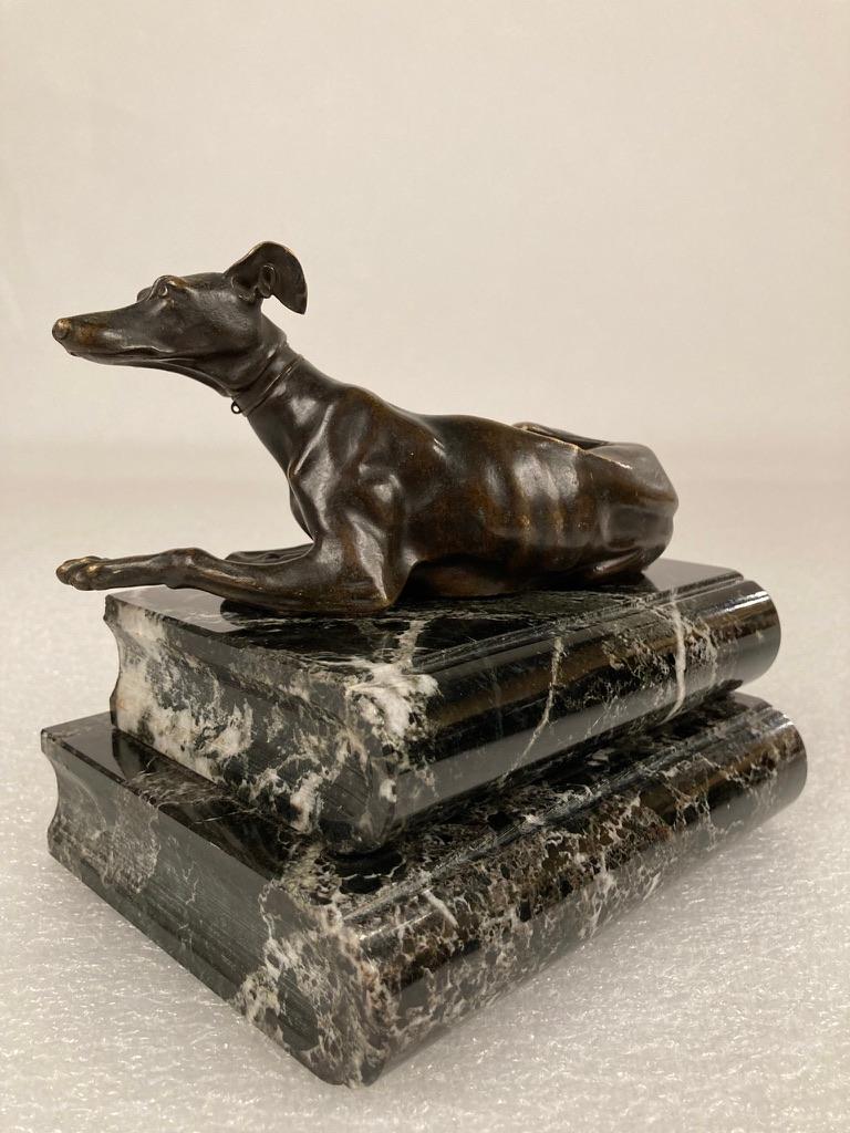 Pair of Regency Bronze Figures of Reclining Whippets on Green Marble Bases For Sale 4