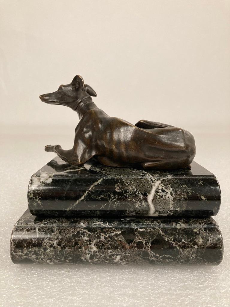 Pair of Regency Bronze Figures of Reclining Whippets on Green Marble Bases For Sale 5