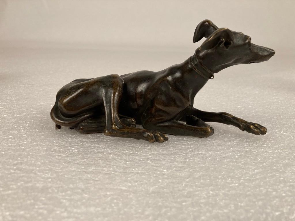 Pair of Regency Bronze Figures of Reclining Whippets on Green Marble Bases For Sale 8