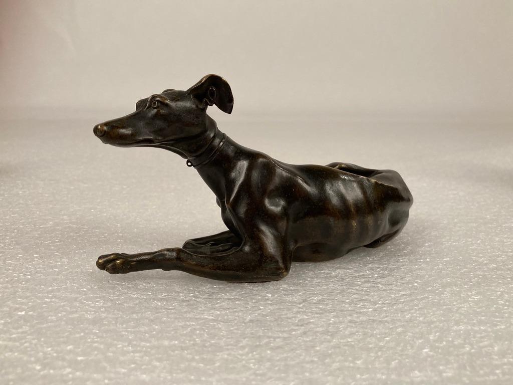 Pair of Regency Bronze Figures of Reclining Whippets on Green Marble Bases For Sale 9