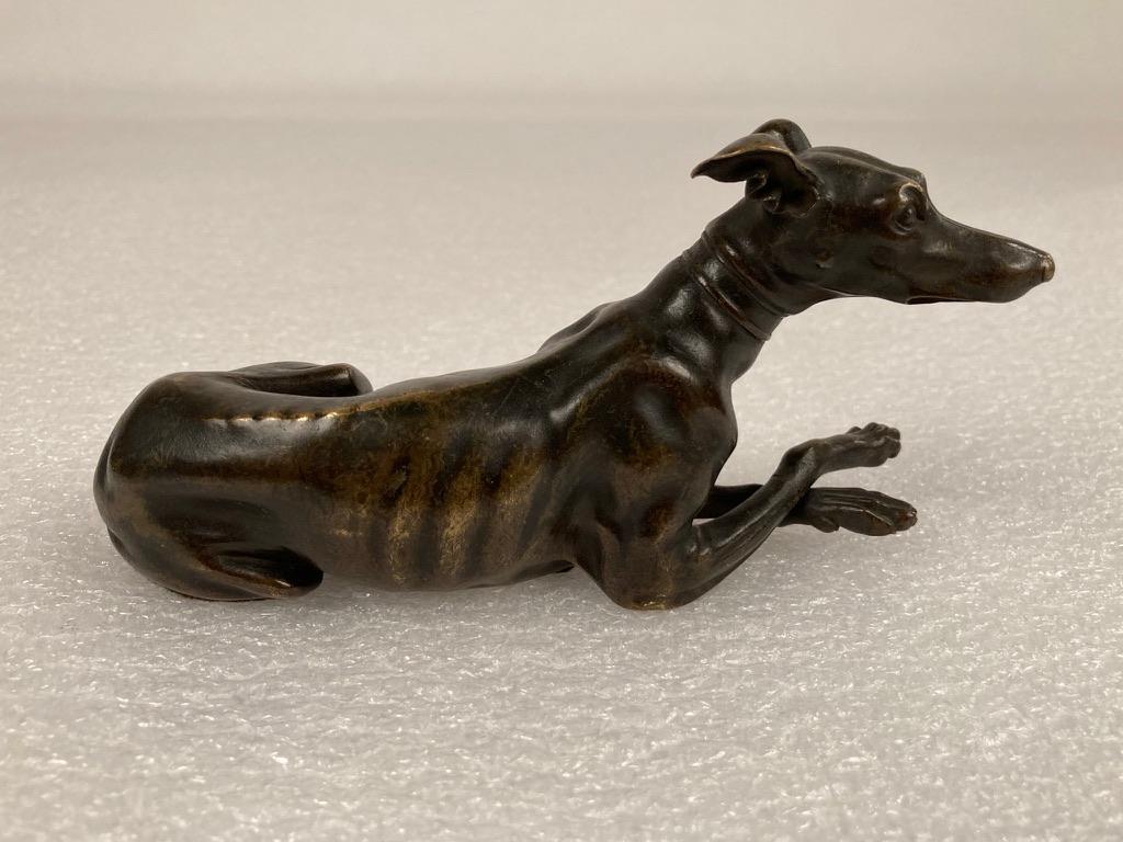 Pair of Regency Bronze Figures of Reclining Whippets on Green Marble Bases For Sale 12