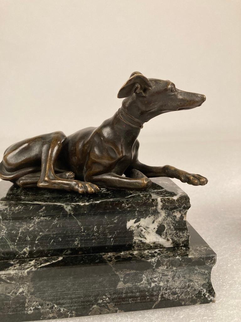 Cast Pair of Regency Bronze Figures of Reclining Whippets on Green Marble Bases For Sale