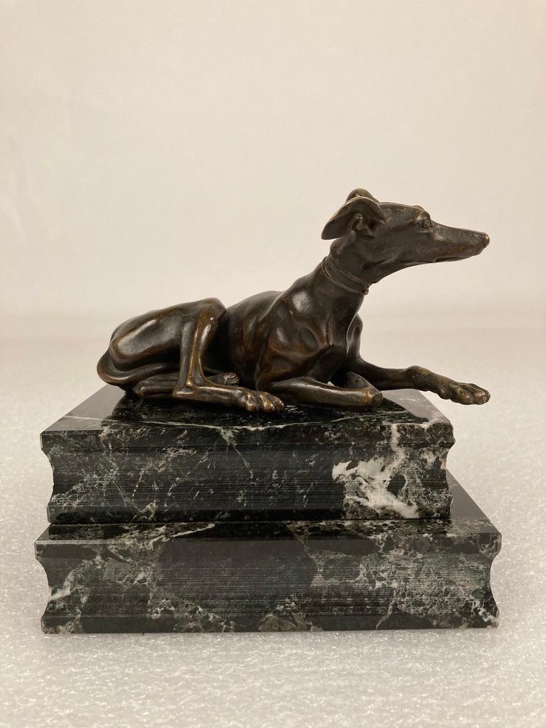 Pair of Regency Bronze Figures of Reclining Whippets on Green Marble Bases For Sale 2