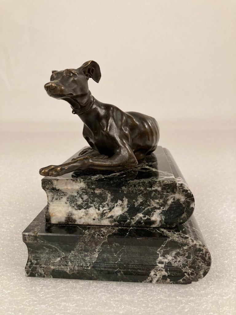 Pair of Regency Bronze Figures of Reclining Whippets on Green Marble Bases For Sale 3