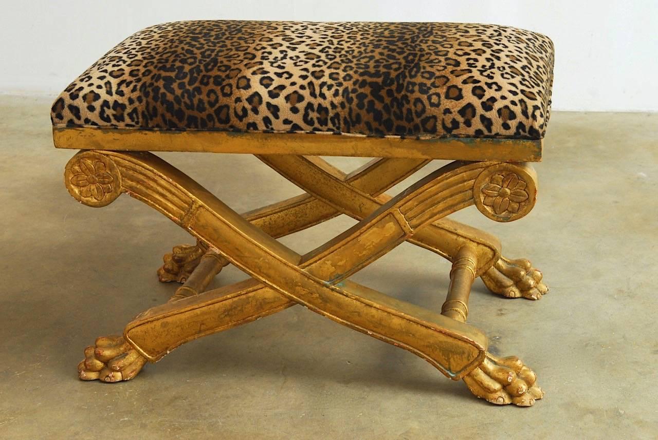 Hollywood Regency Pair of Regency Carved Gilt Curule Benches or Stools
