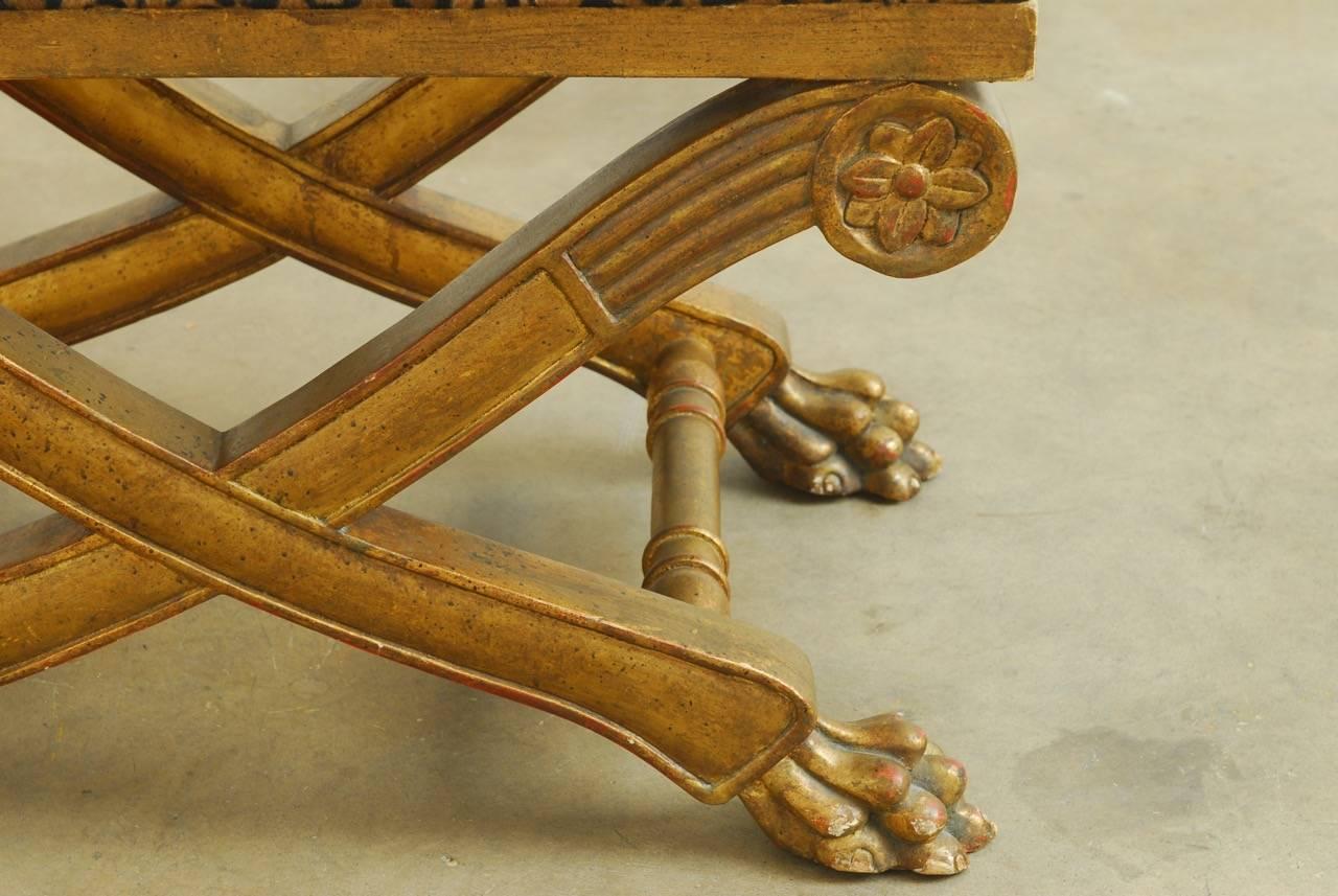 Fabric Pair of Regency Carved Gilt Curule Benches or Stools