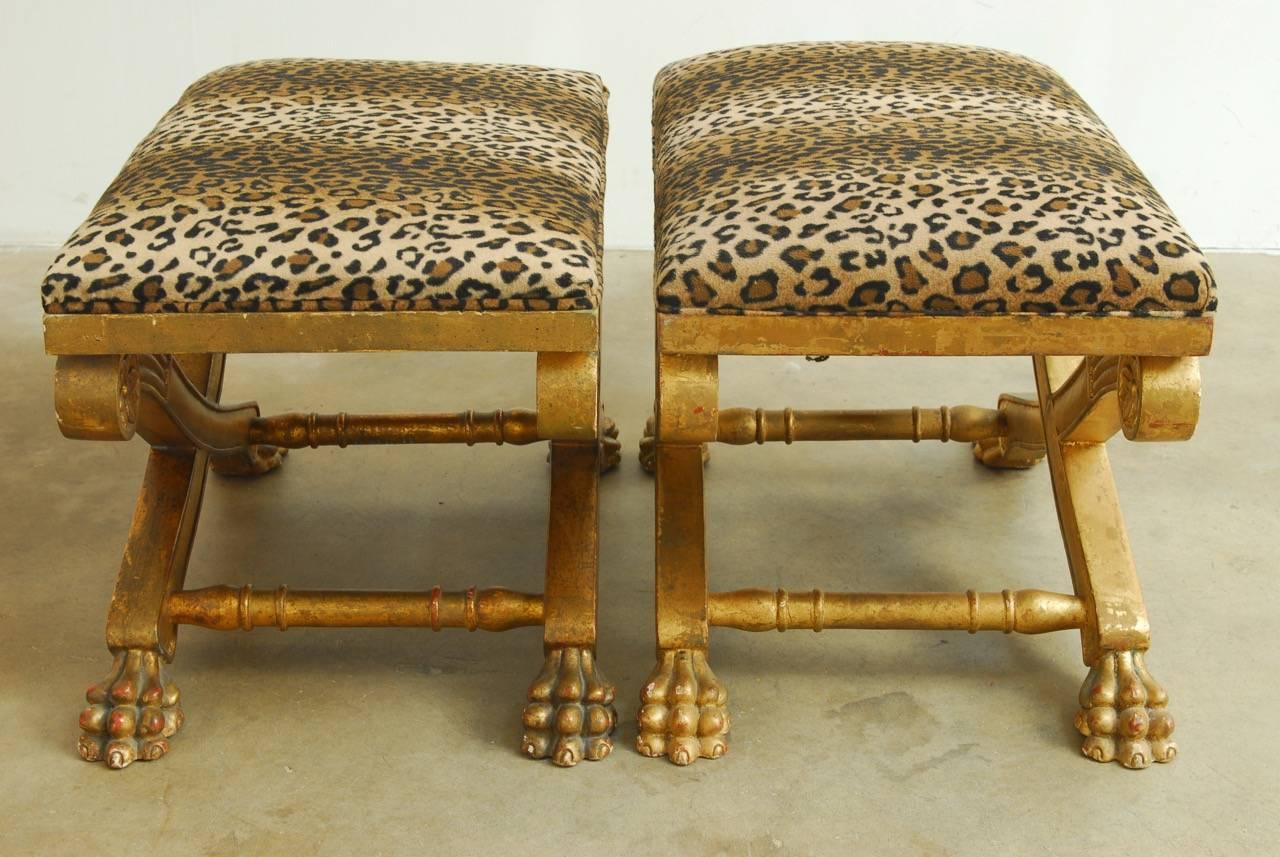Pair of Regency Carved Gilt Curule Benches or Stools 1