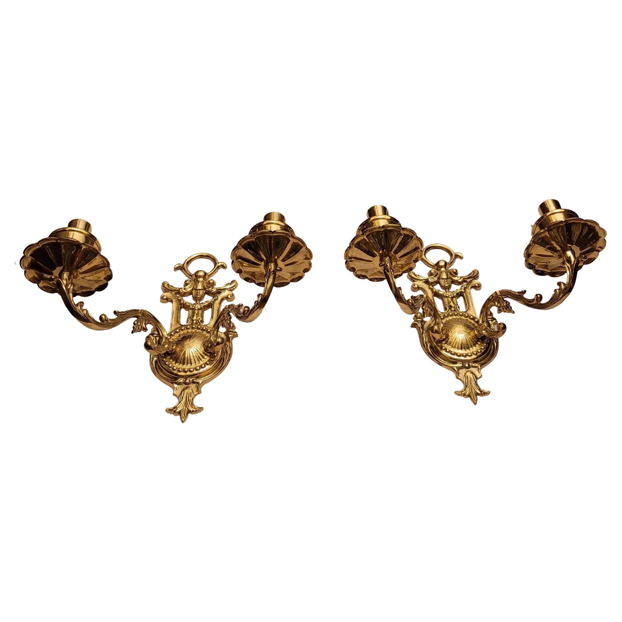 20th Century Pair of Regency Cast Brass Two-Candle Wall Sconces For Sale