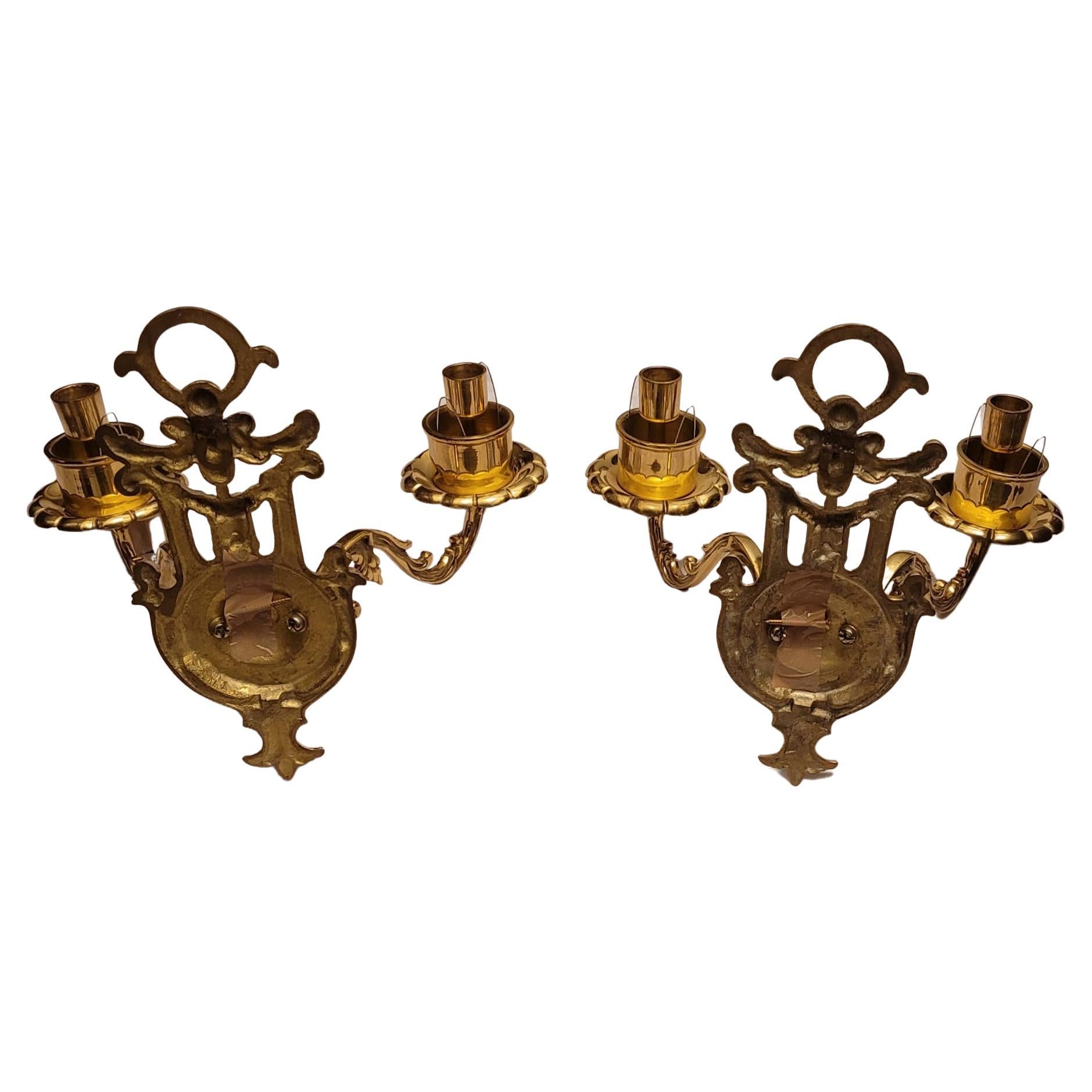 Pair of Regency Cast Brass Two-Candle Wall Sconces For Sale 1