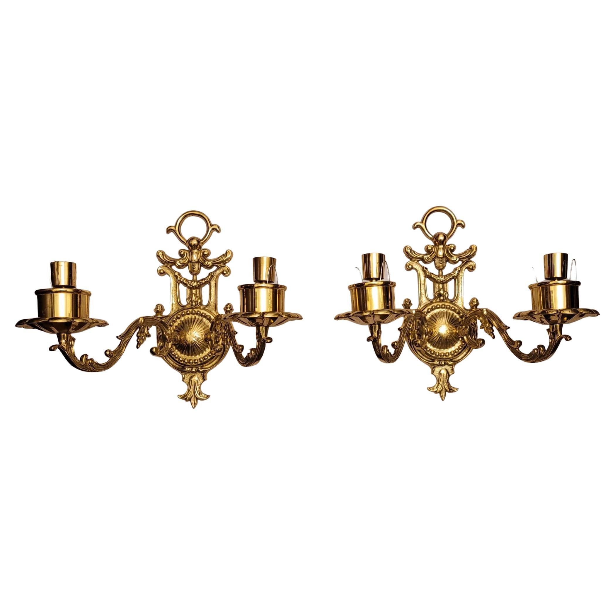 Pair of Regency Cast Brass Two-Candle Wall Sconces For Sale