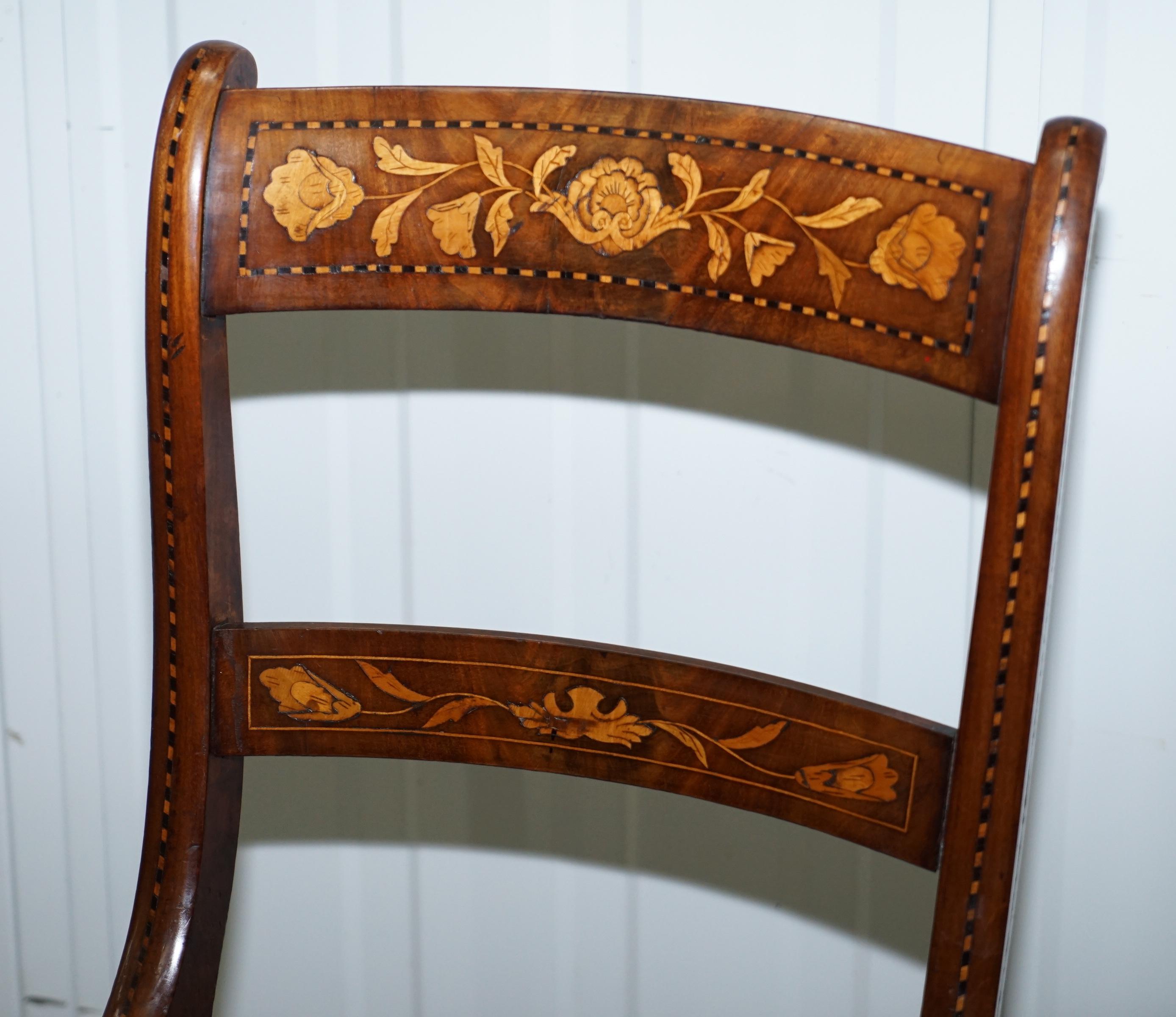 Pair of Regency circa 1810 Satinwood Dutch Marquetry Ornate Inlaid Side Chairs 12
