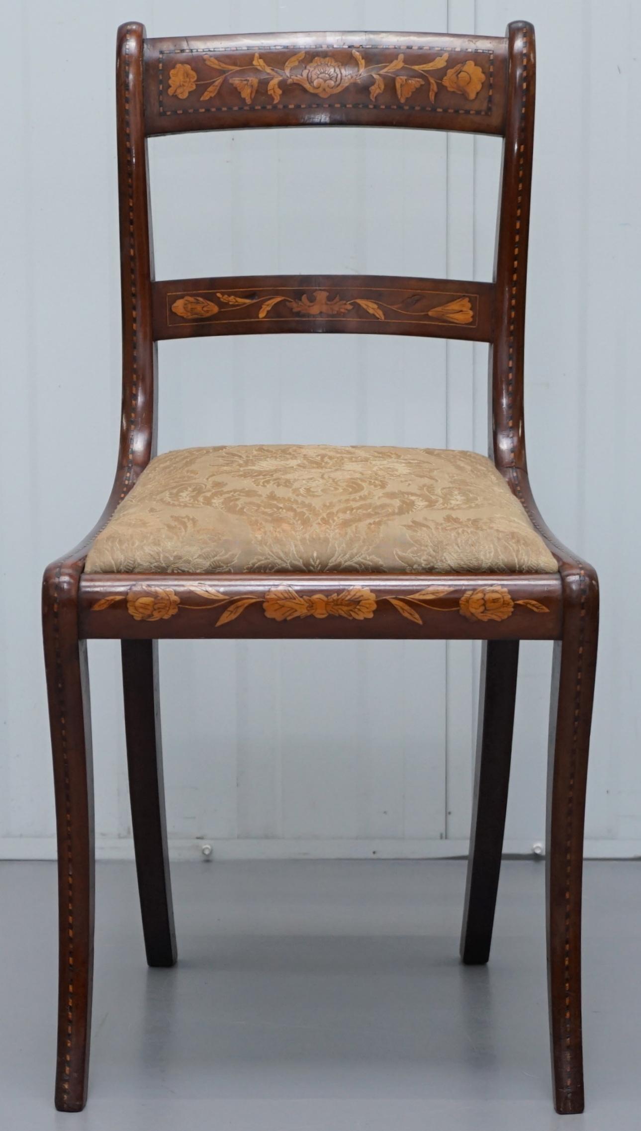 English Pair of Regency circa 1810 Satinwood Dutch Marquetry Ornate Inlaid Side Chairs
