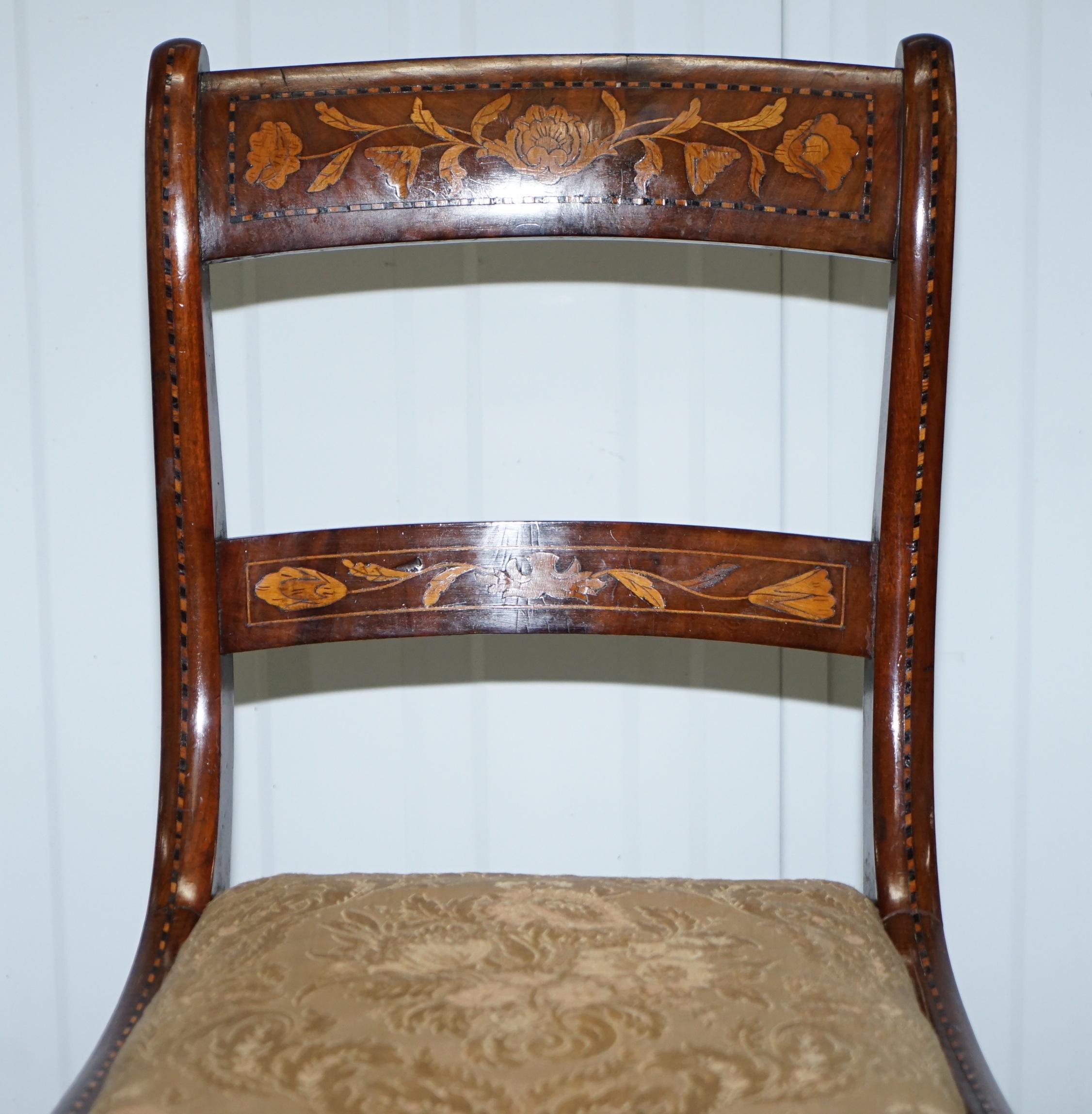 Inlay Pair of Regency circa 1810 Satinwood Dutch Marquetry Ornate Inlaid Side Chairs