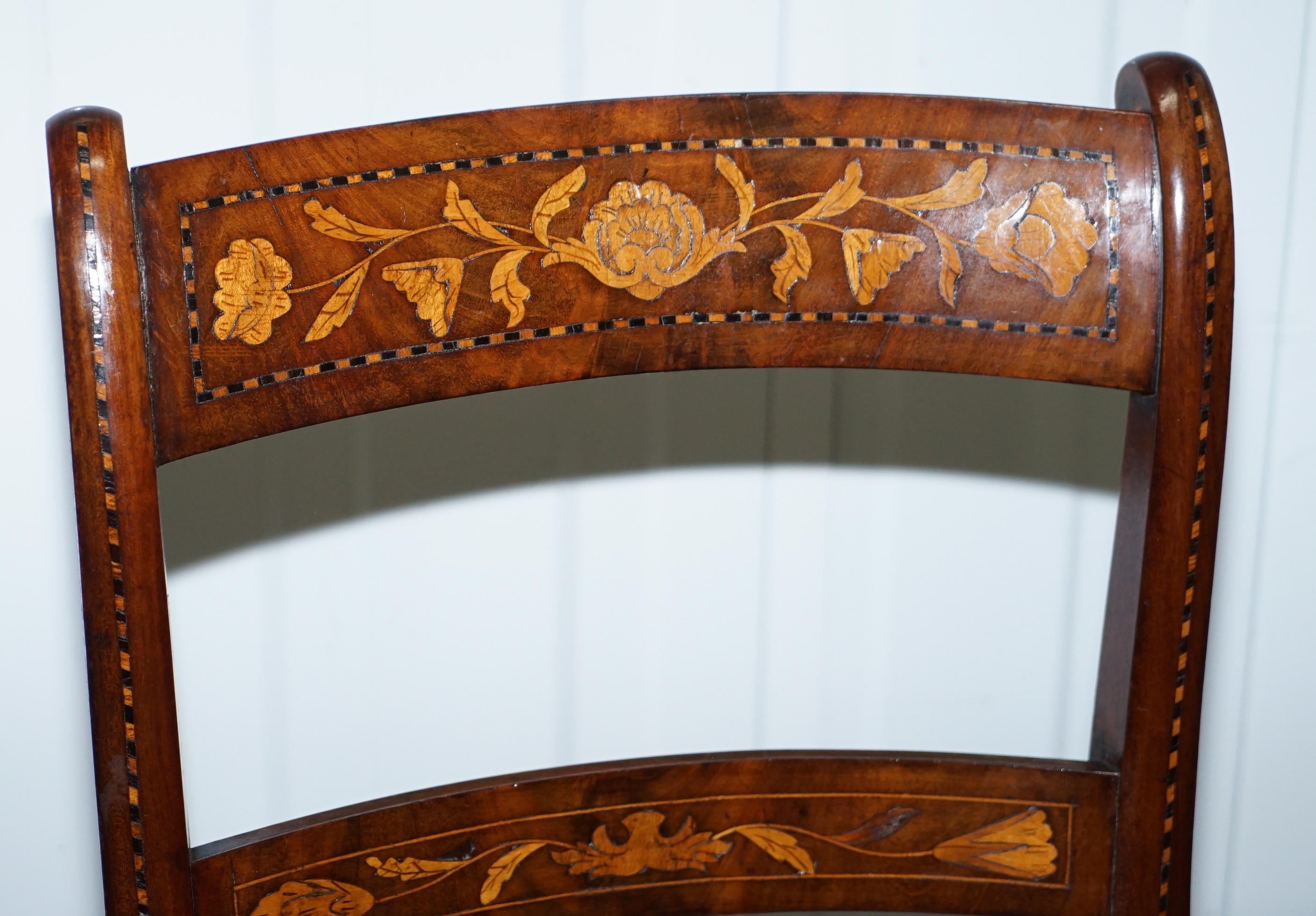 Early 19th Century Pair of Regency circa 1810 Satinwood Dutch Marquetry Ornate Inlaid Side Chairs