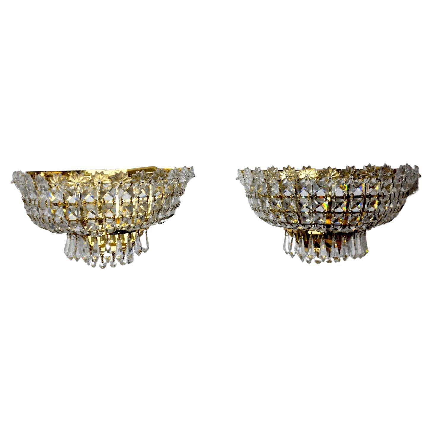 Pair of Regency Cut Crystal Sconces Italy 1980 For Sale