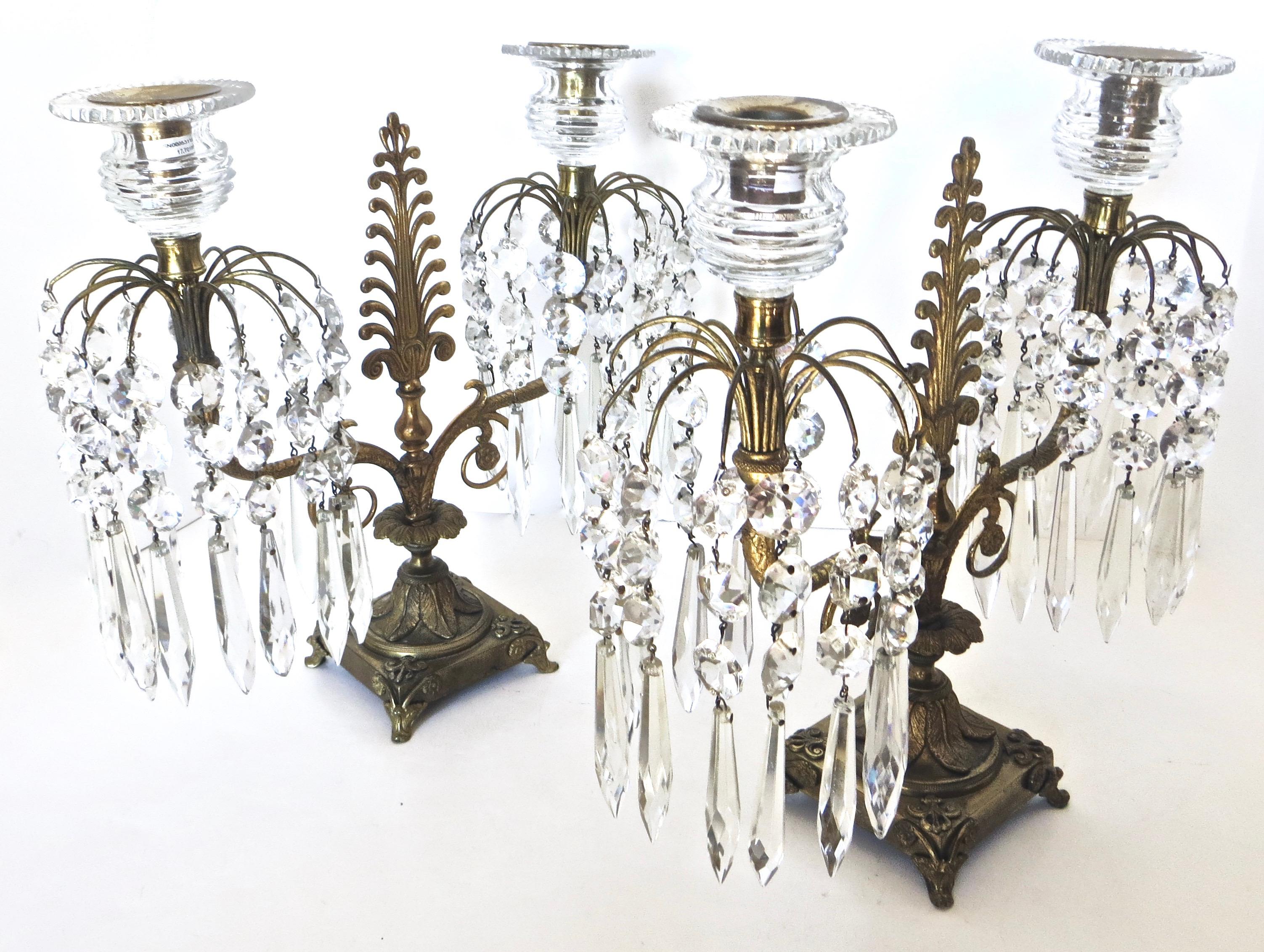 English Pair of Regency Cut-Glass and Gilt-Metal Two Light Candelabras, circa 1815 For Sale