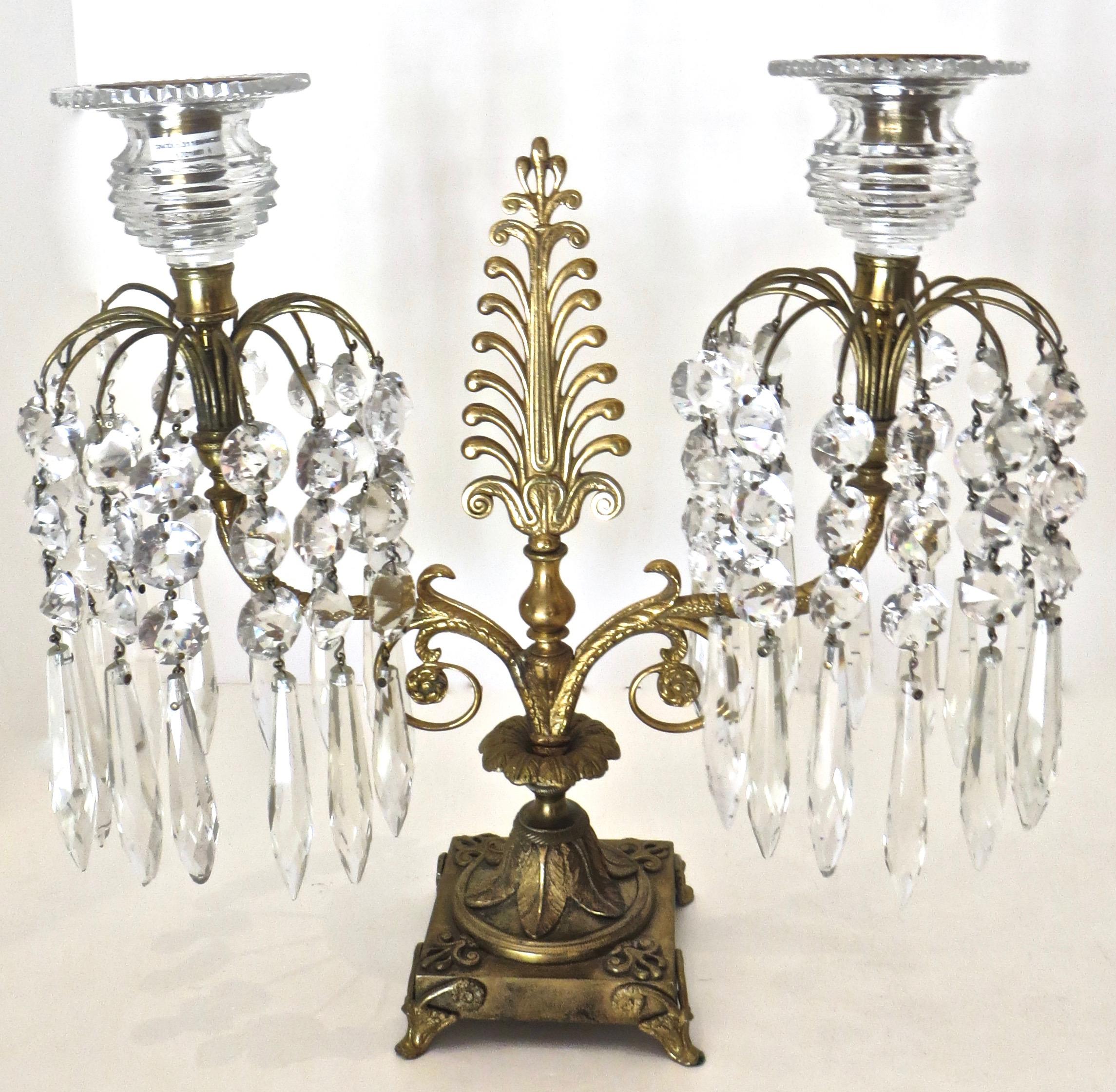 Pair of Regency Cut-Glass and Gilt-Metal Two Light Candelabras, circa 1815 In Good Condition For Sale In Incline Village, NV