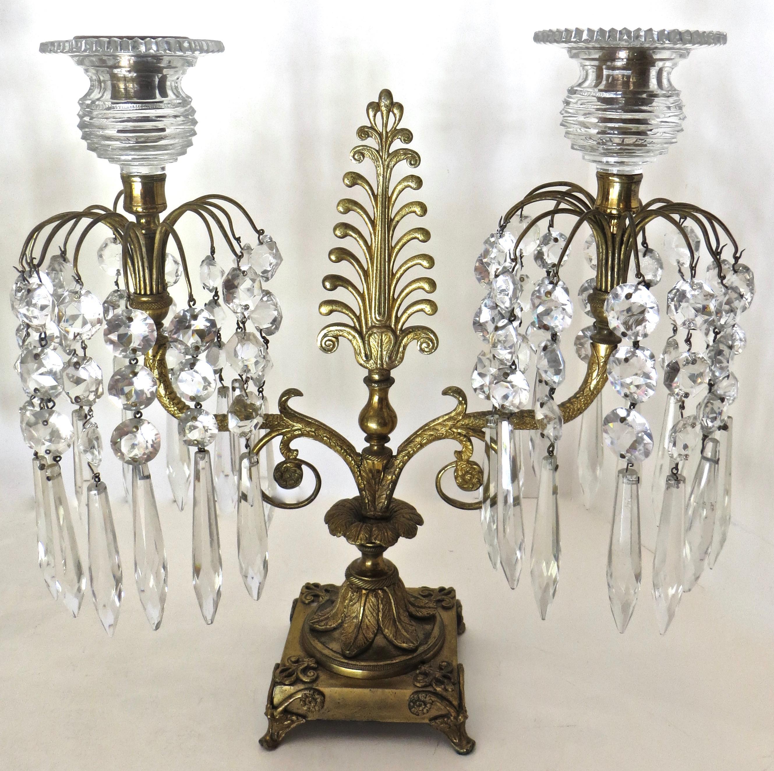 Cut Glass Pair of Regency Cut-Glass and Gilt-Metal Two Light Candelabras, circa 1815 For Sale