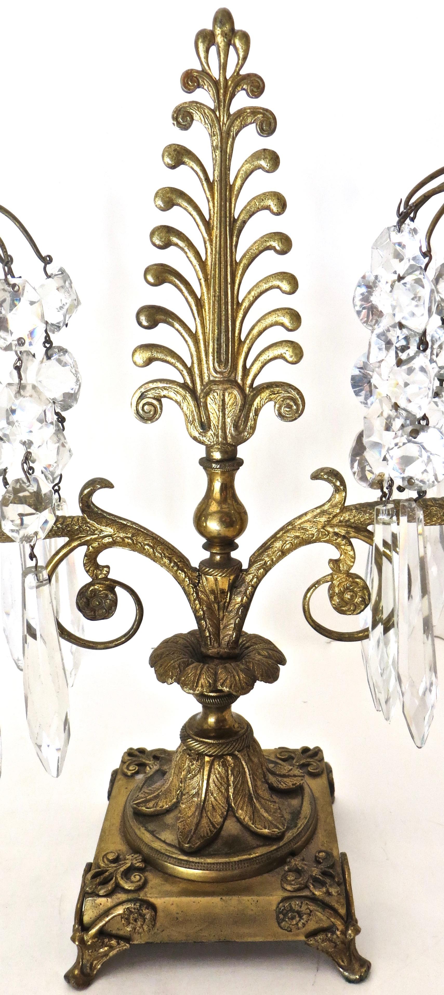 Pair of Regency Cut-Glass and Gilt-Metal Two Light Candelabras, circa 1815 For Sale 1