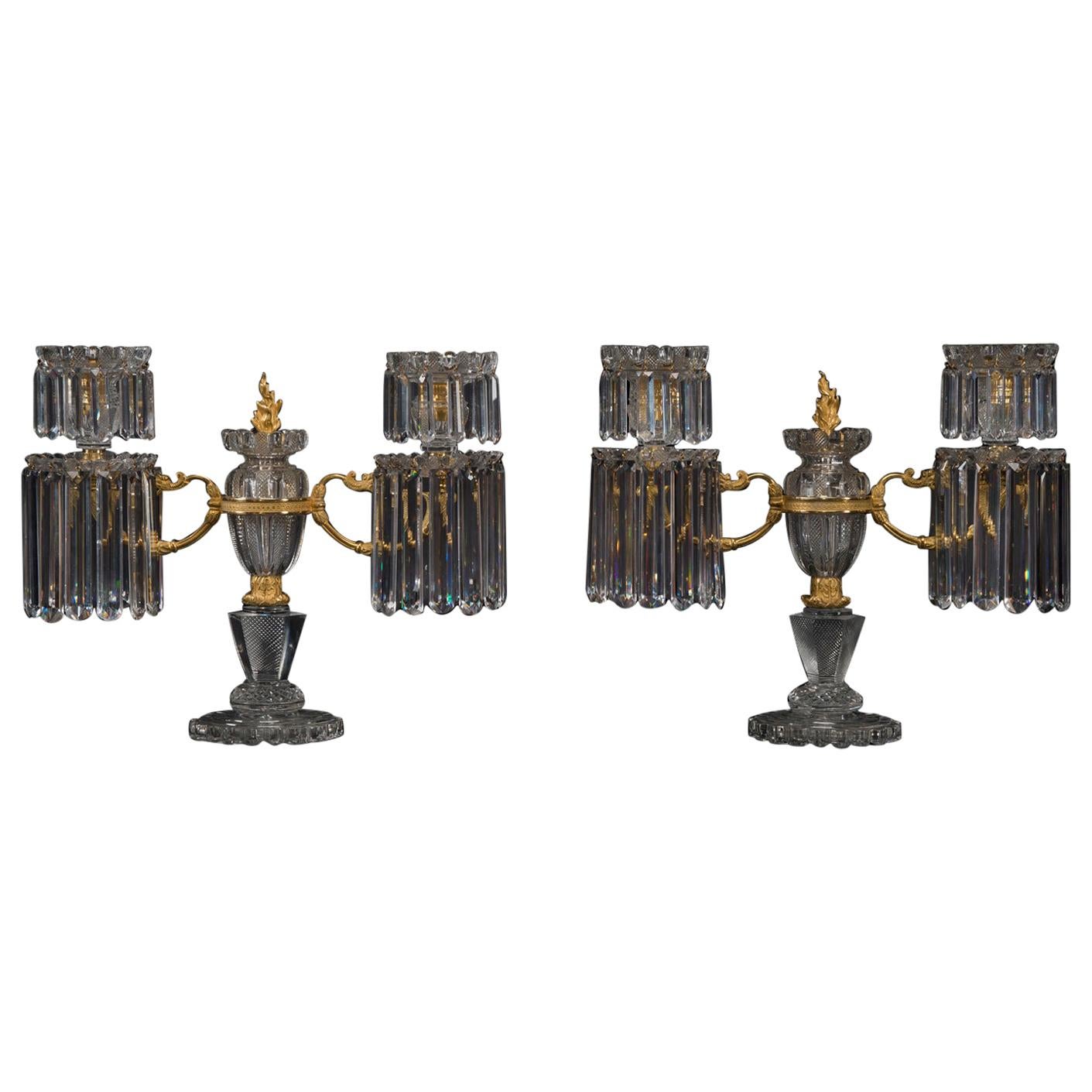 Pair of Regency Cut-Glass Candelabra by John Blades For Sale