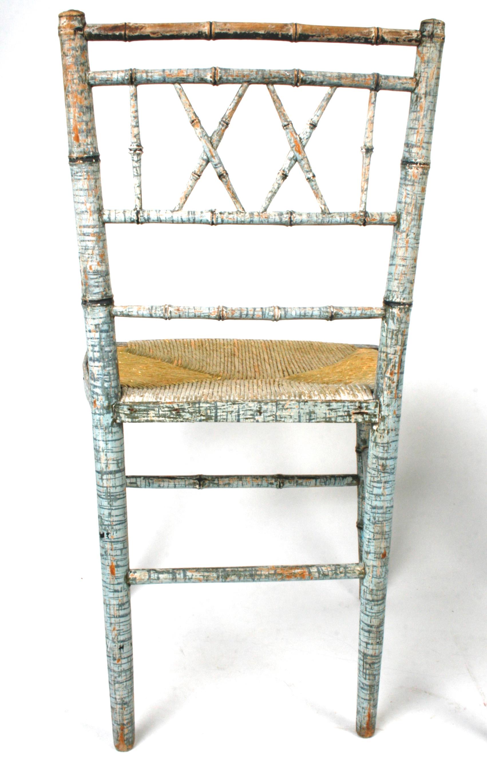 Pair of Regency Faux Bamboo Rush Seated Painted Chairs in Original Blue Paint 2