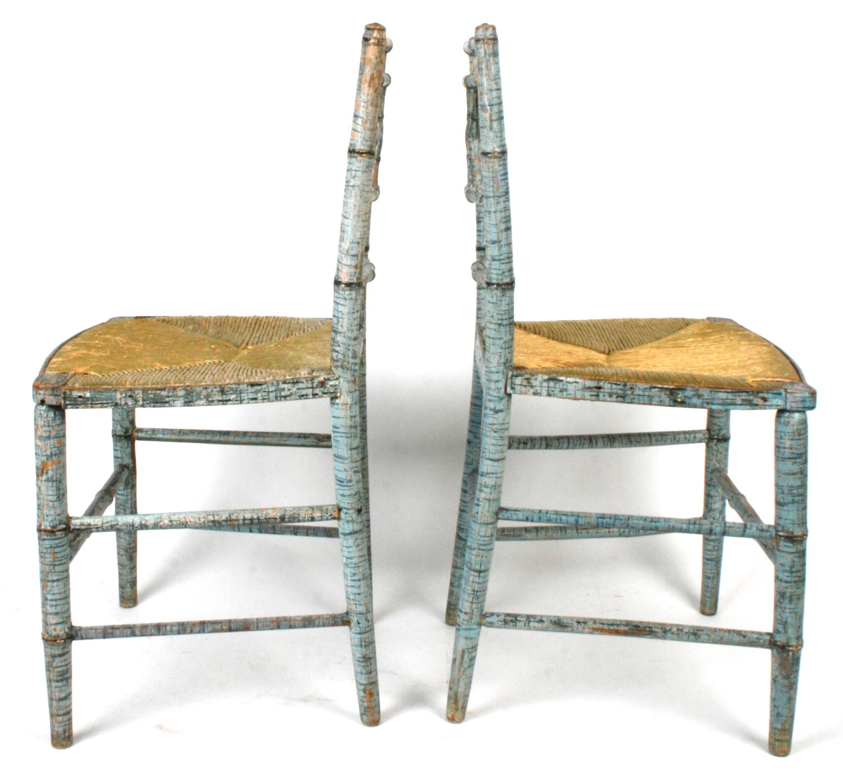 Pair of Regency Faux Bamboo Rush Seated Painted Chairs in Original Blue Paint 3