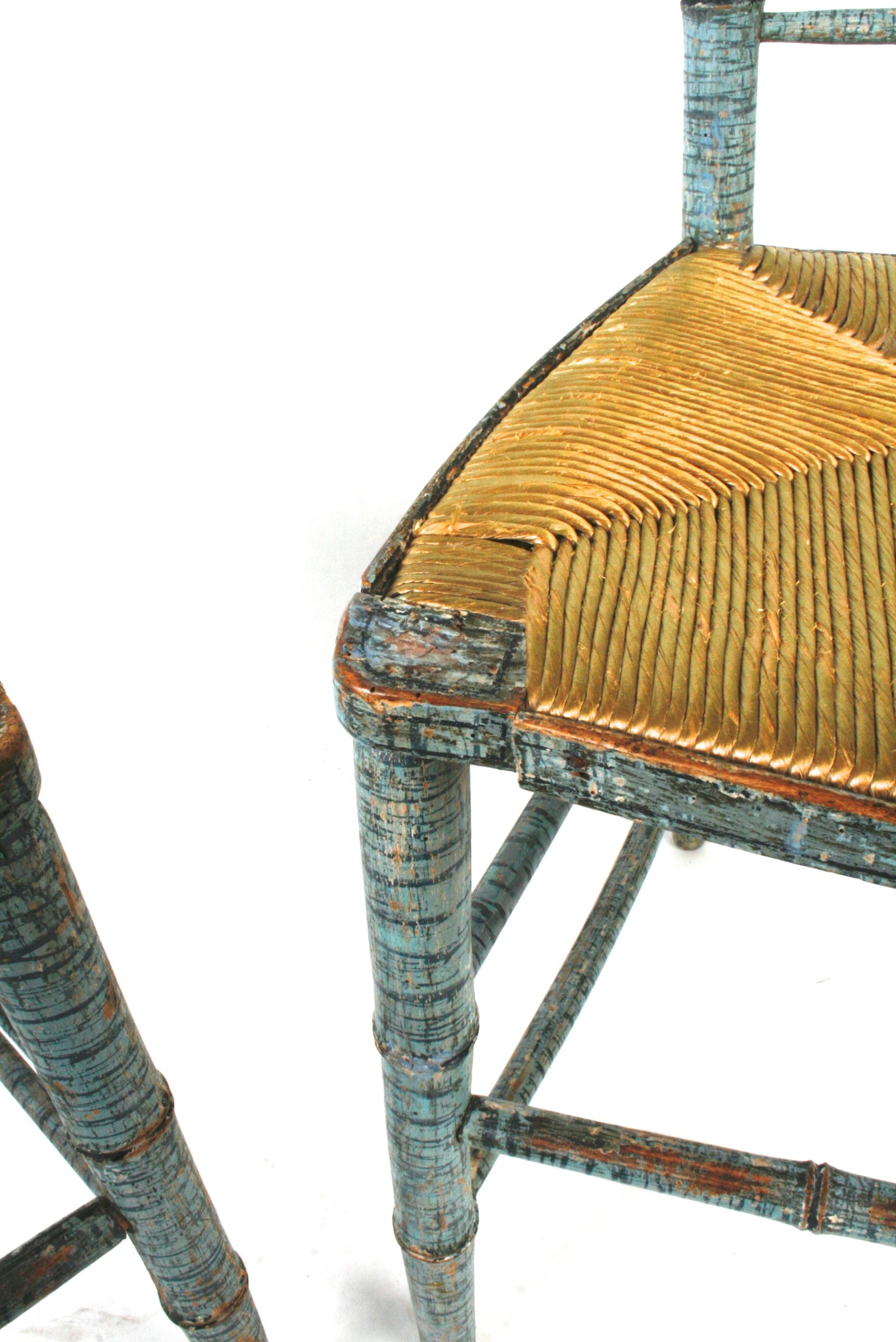 19th Century Pair of Regency Faux Bamboo Rush Seated Painted Chairs in Original Blue Paint