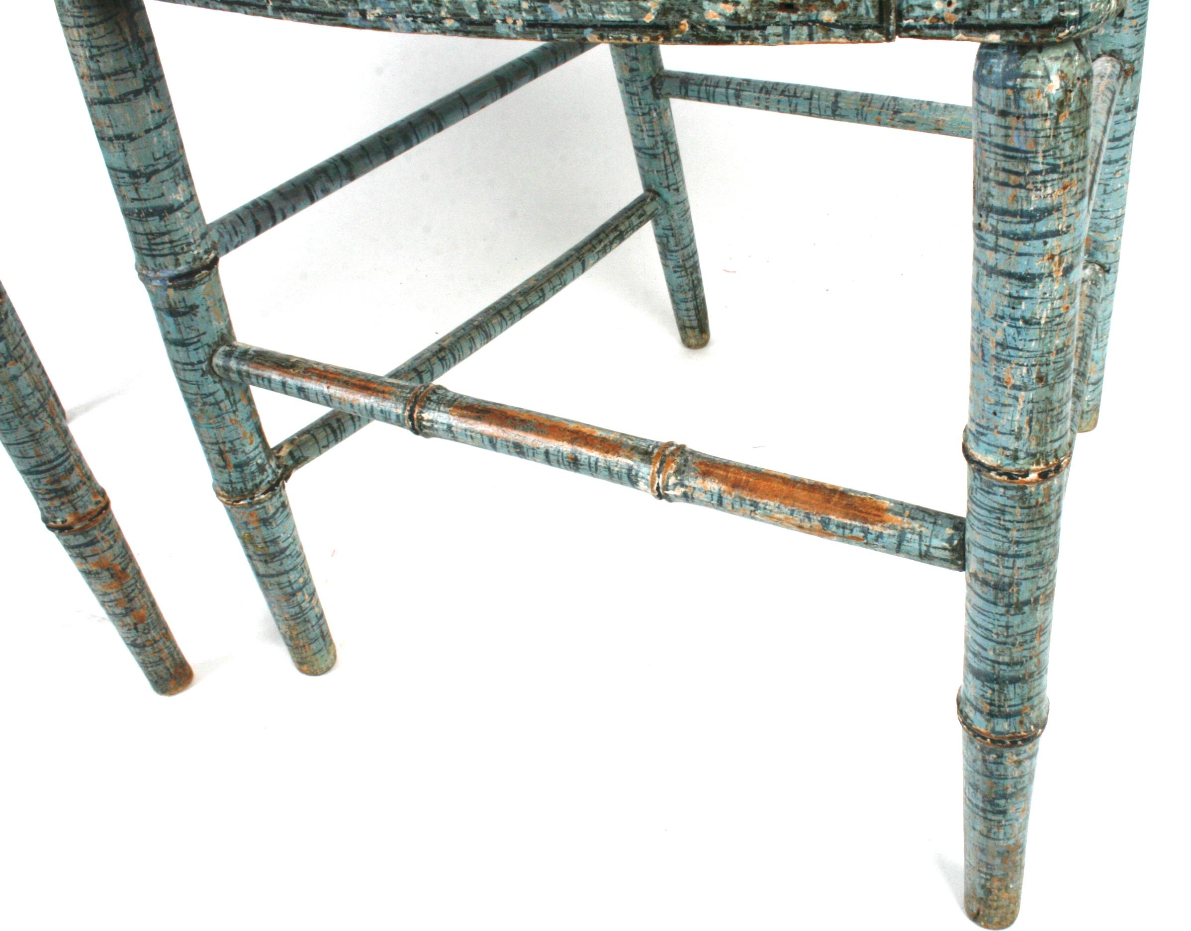 Pair of Regency Faux Bamboo Rush Seated Painted Chairs in Original Blue Paint 1