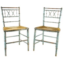 Pair of Regency Faux Bamboo Rush Seated Painted Chairs in Original Blue Paint