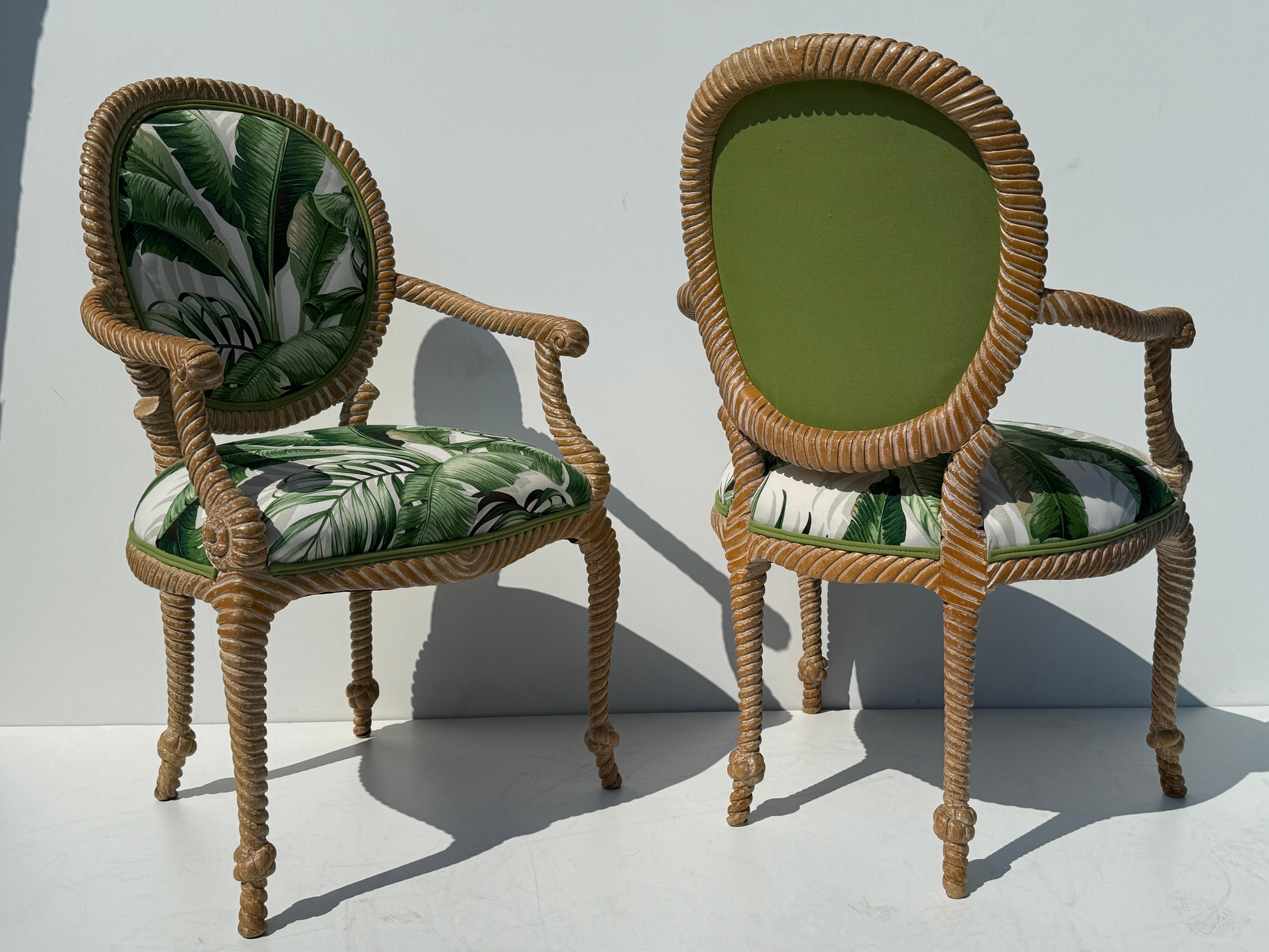 Hollywood Regency Pair of Regency Faux Bois Carved Rope and Tassel Armchairs For Sale