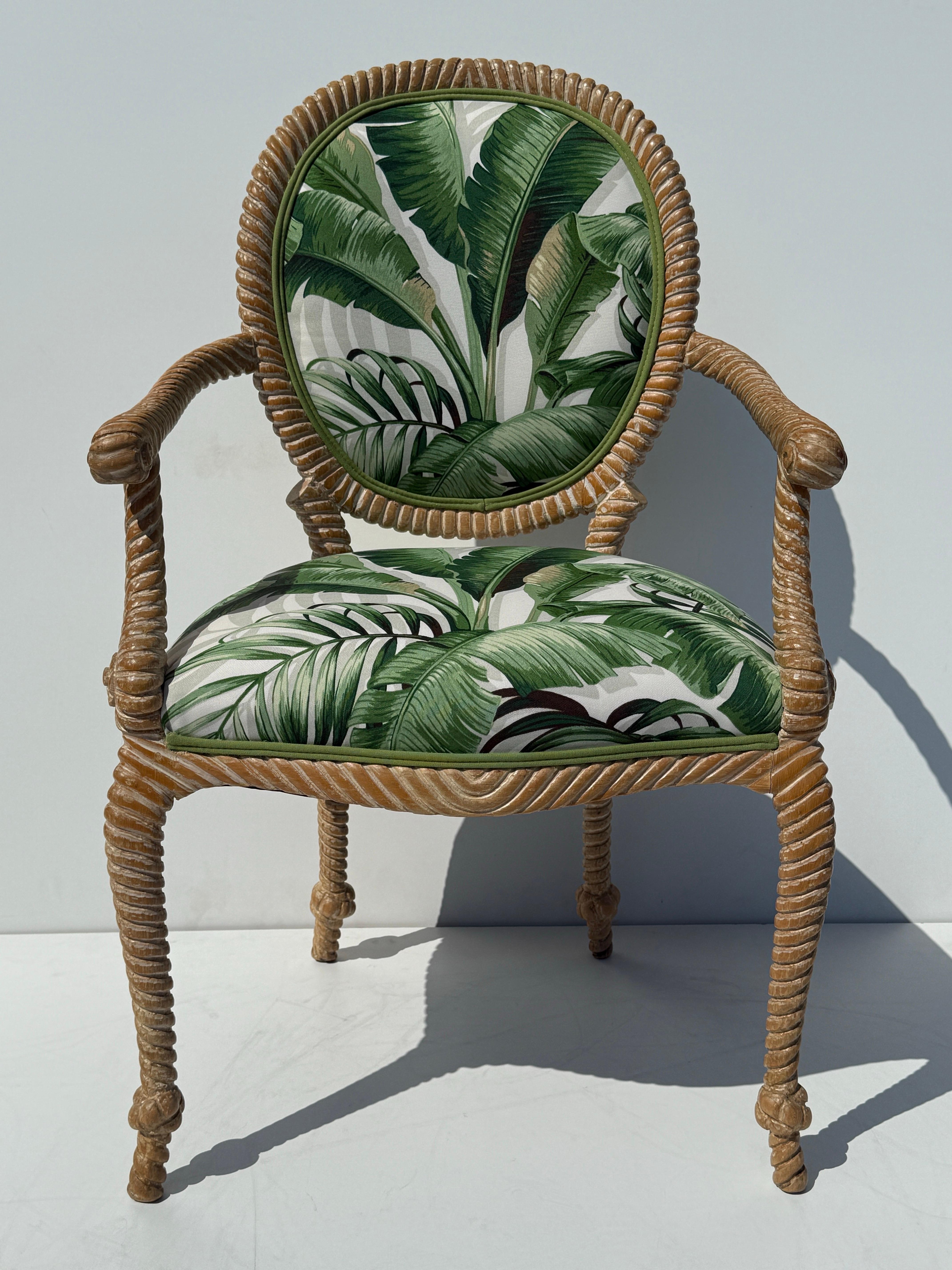 Spanish Pair of Regency Faux Bois Carved Rope and Tassel Armchairs For Sale