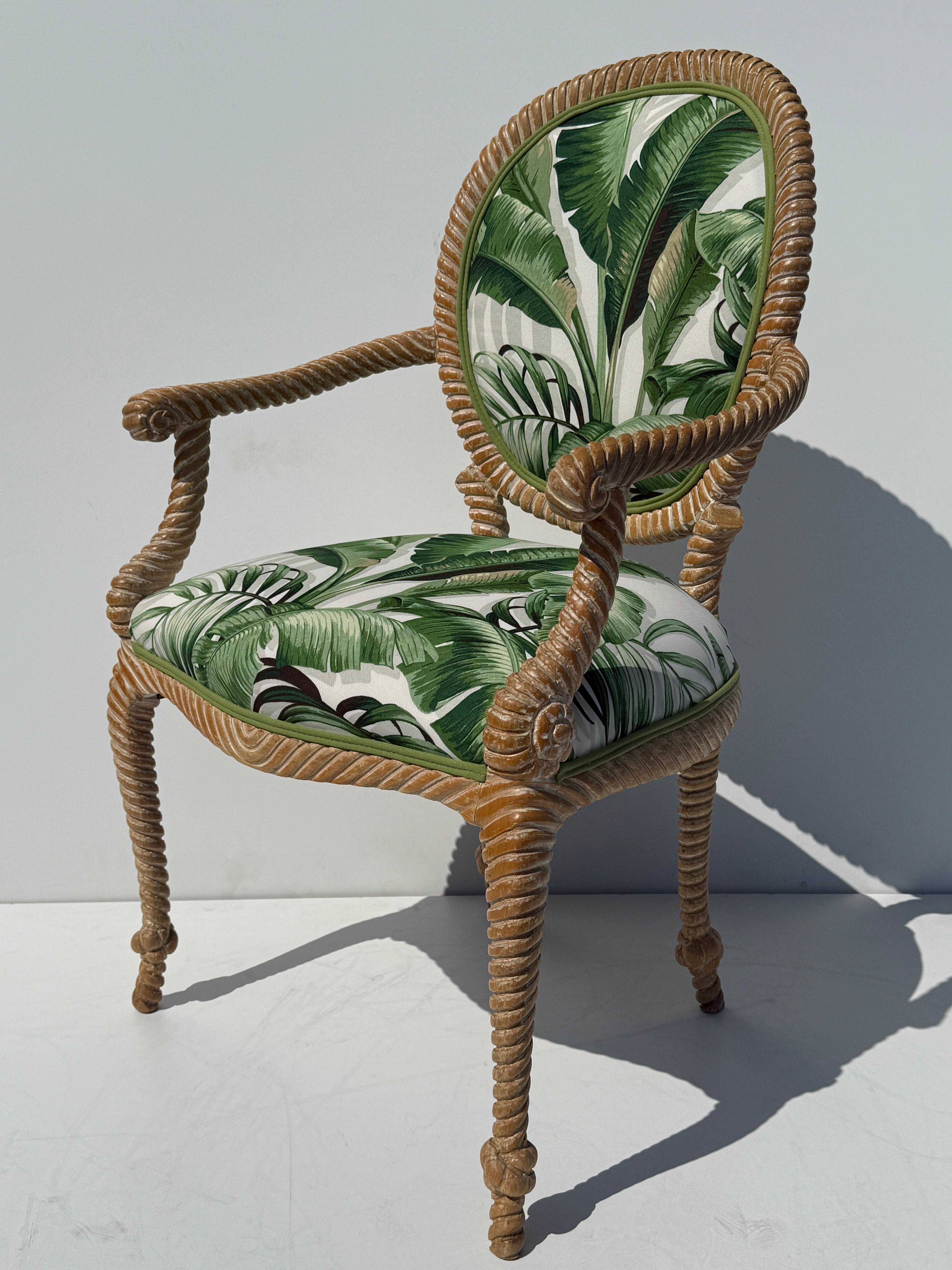 Pair of Regency Faux Bois Carved Rope and Tassel Armchairs In Good Condition For Sale In North Hollywood, CA