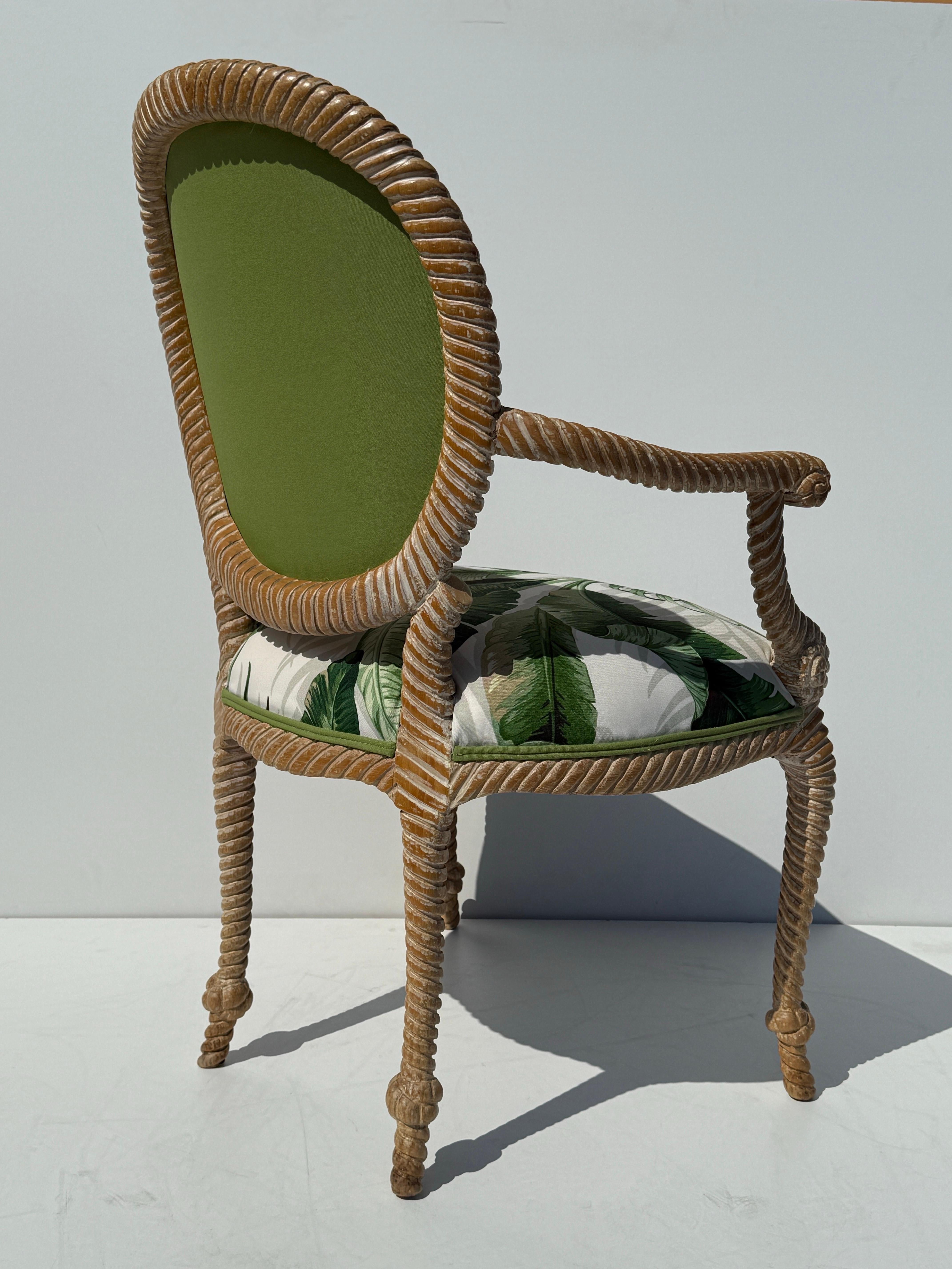 Wood Pair of Regency Faux Bois Carved Rope and Tassel Armchairs For Sale