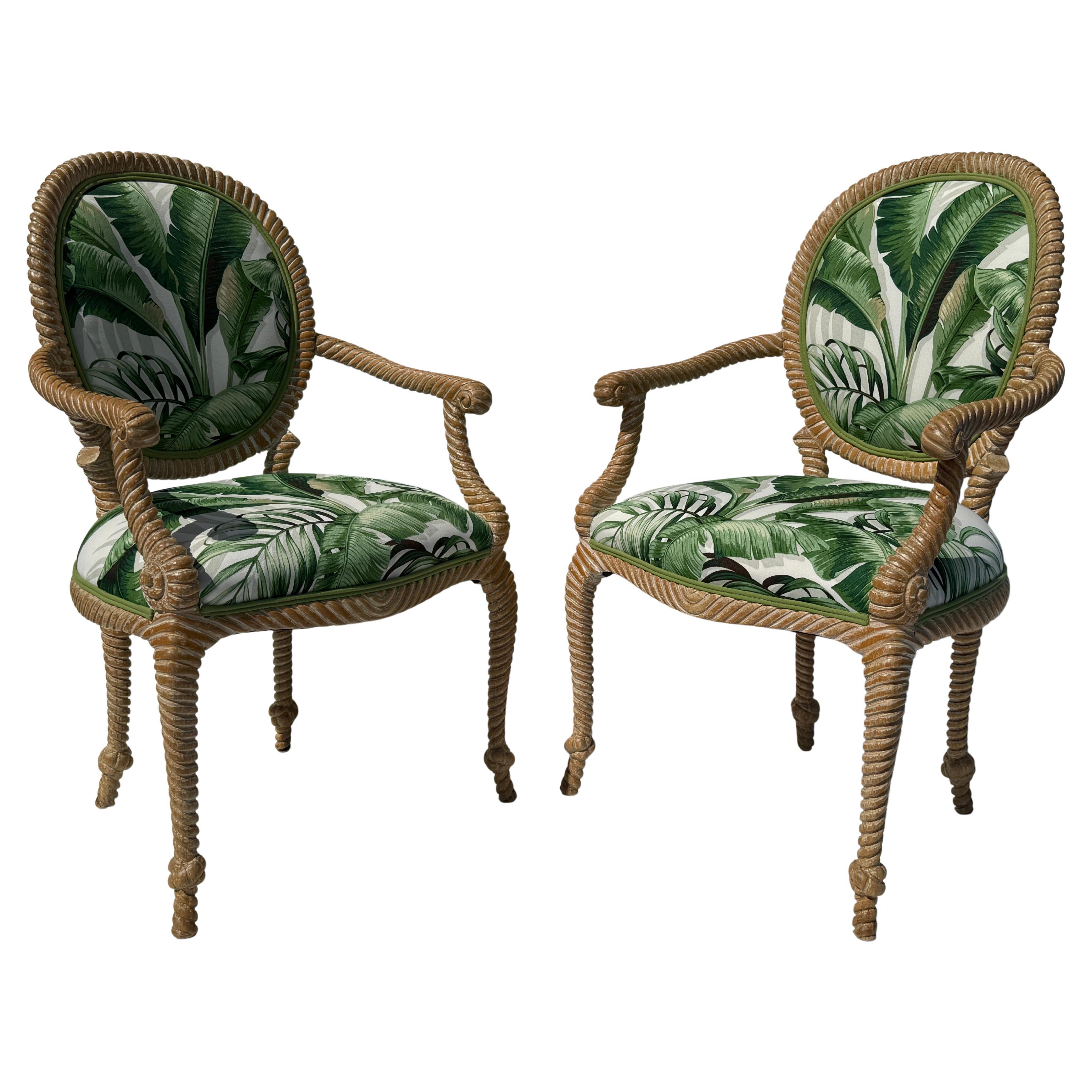 Pair of Regency Faux Bois Carved Rope and Tassel Armchairs For Sale