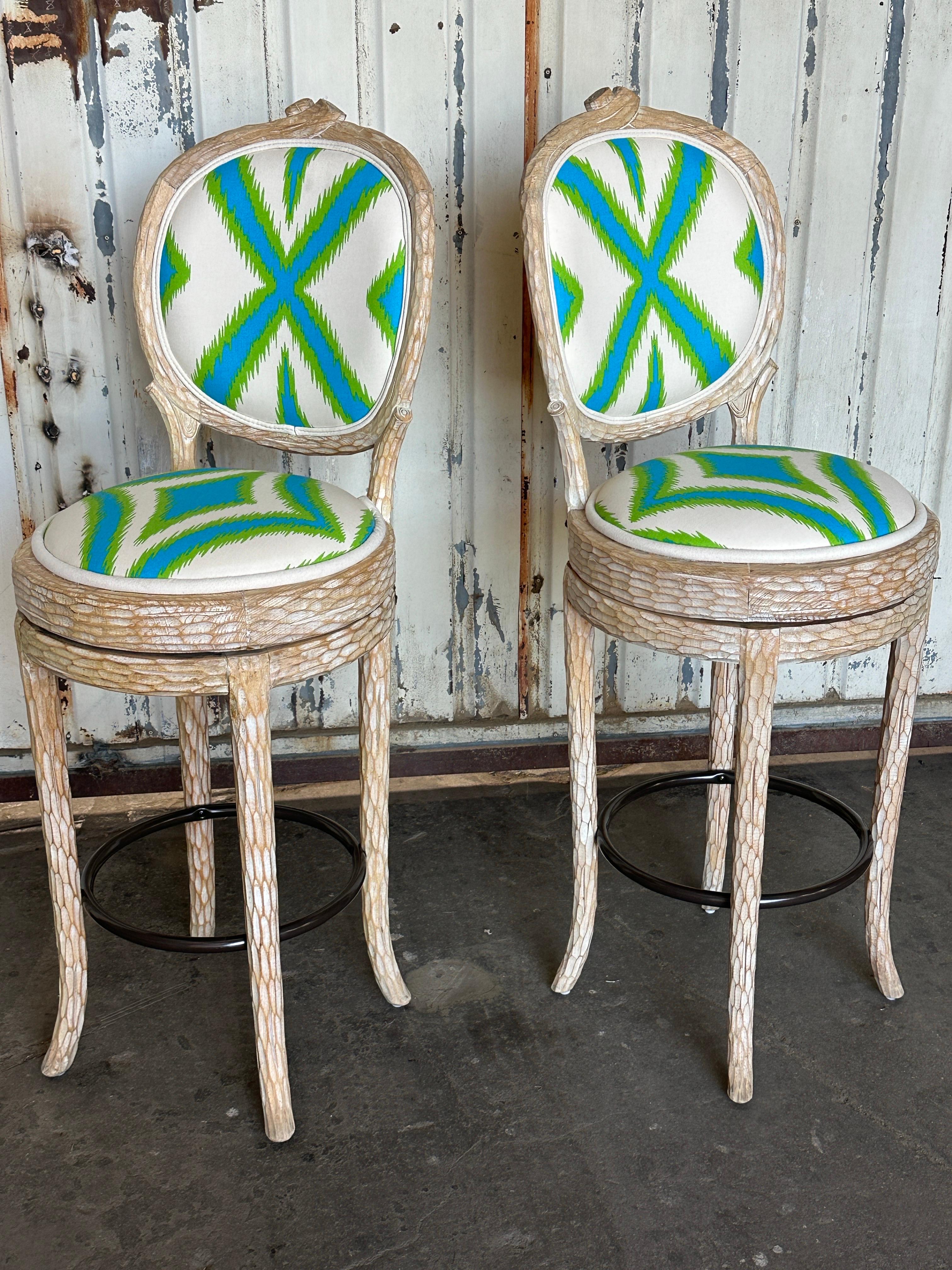 Hollywood Regency Pair of Regency Faux Bois Twig Bar Stools