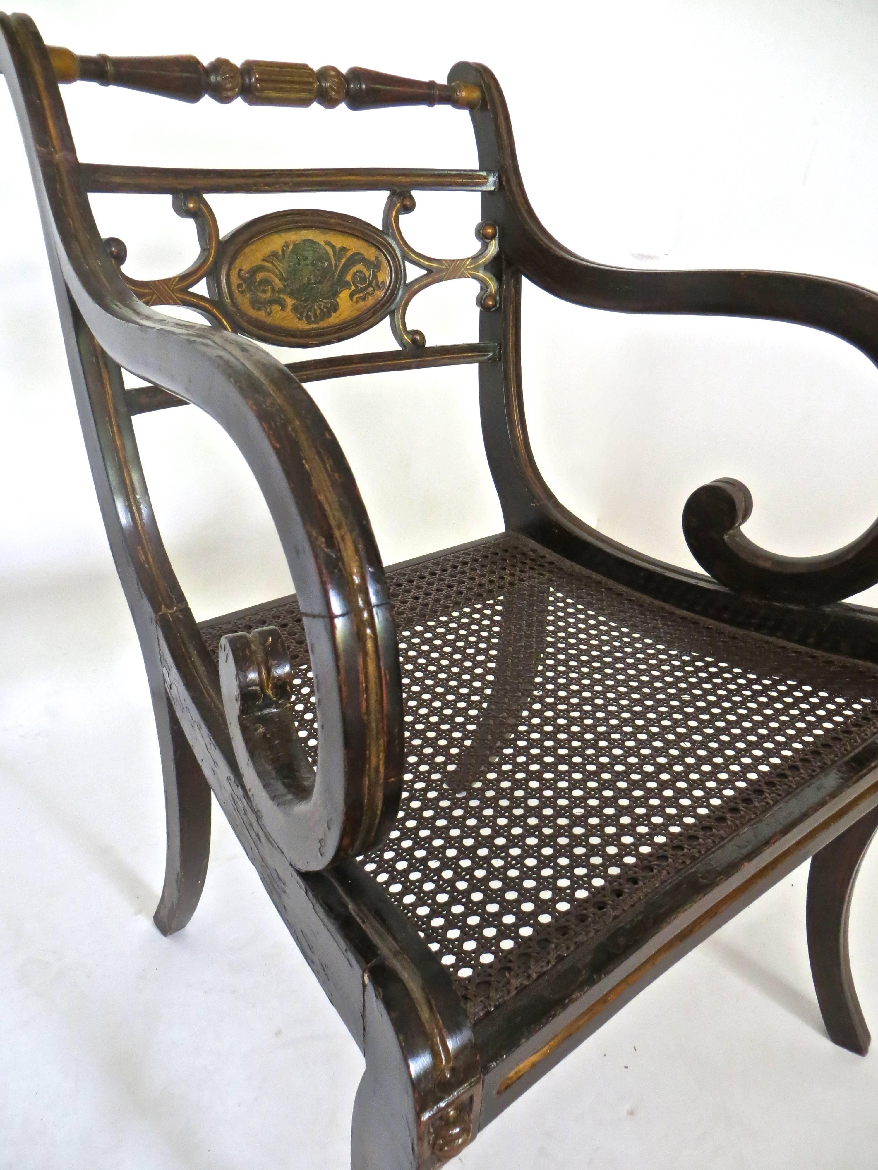 Pair of Regency Faux Rosewood Japanned and Parcel Gilt Armchairs, circa 1810 For Sale 6