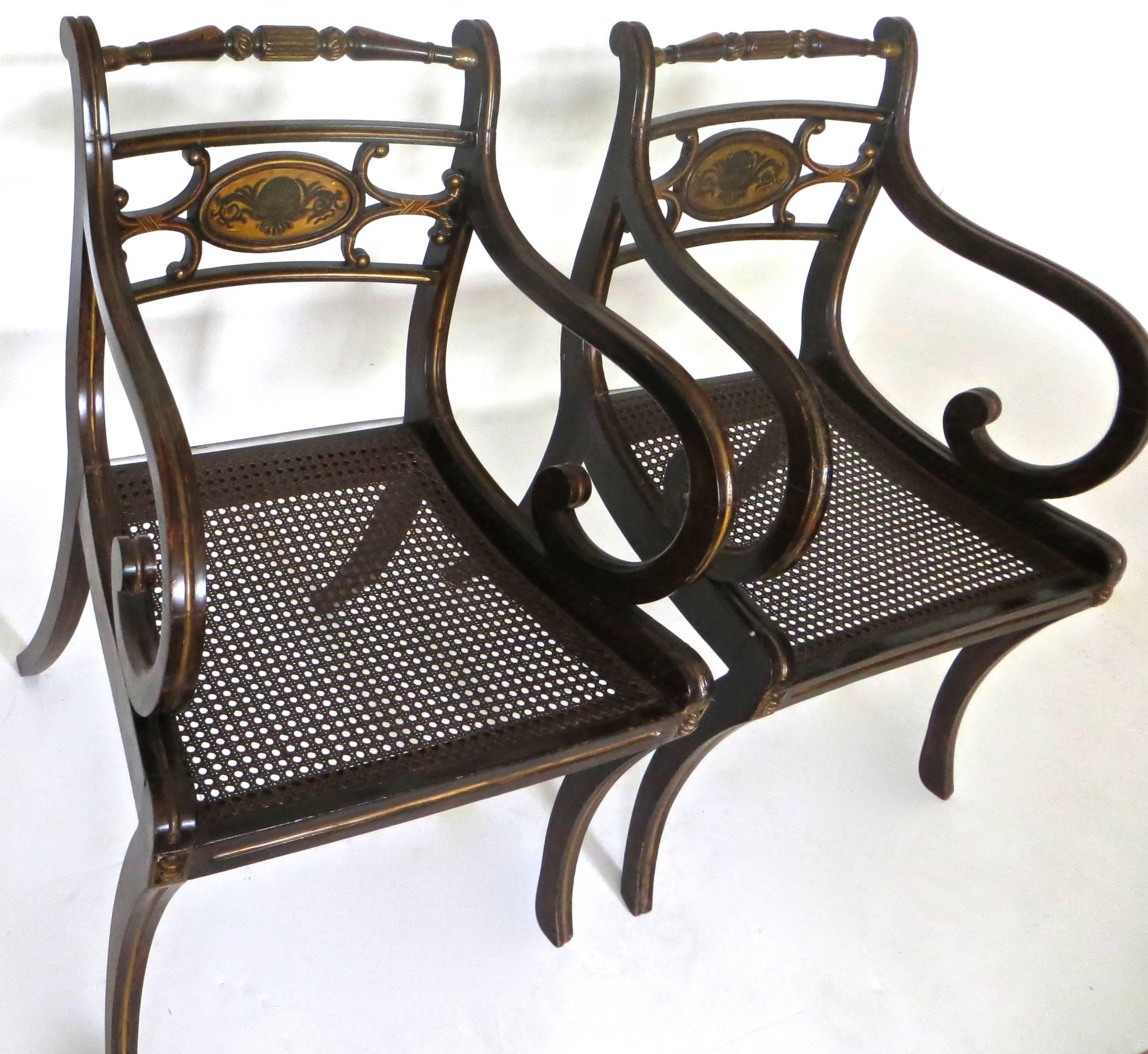English Pair of Regency Faux Rosewood Japanned and Parcel Gilt Armchairs, circa 1810 For Sale