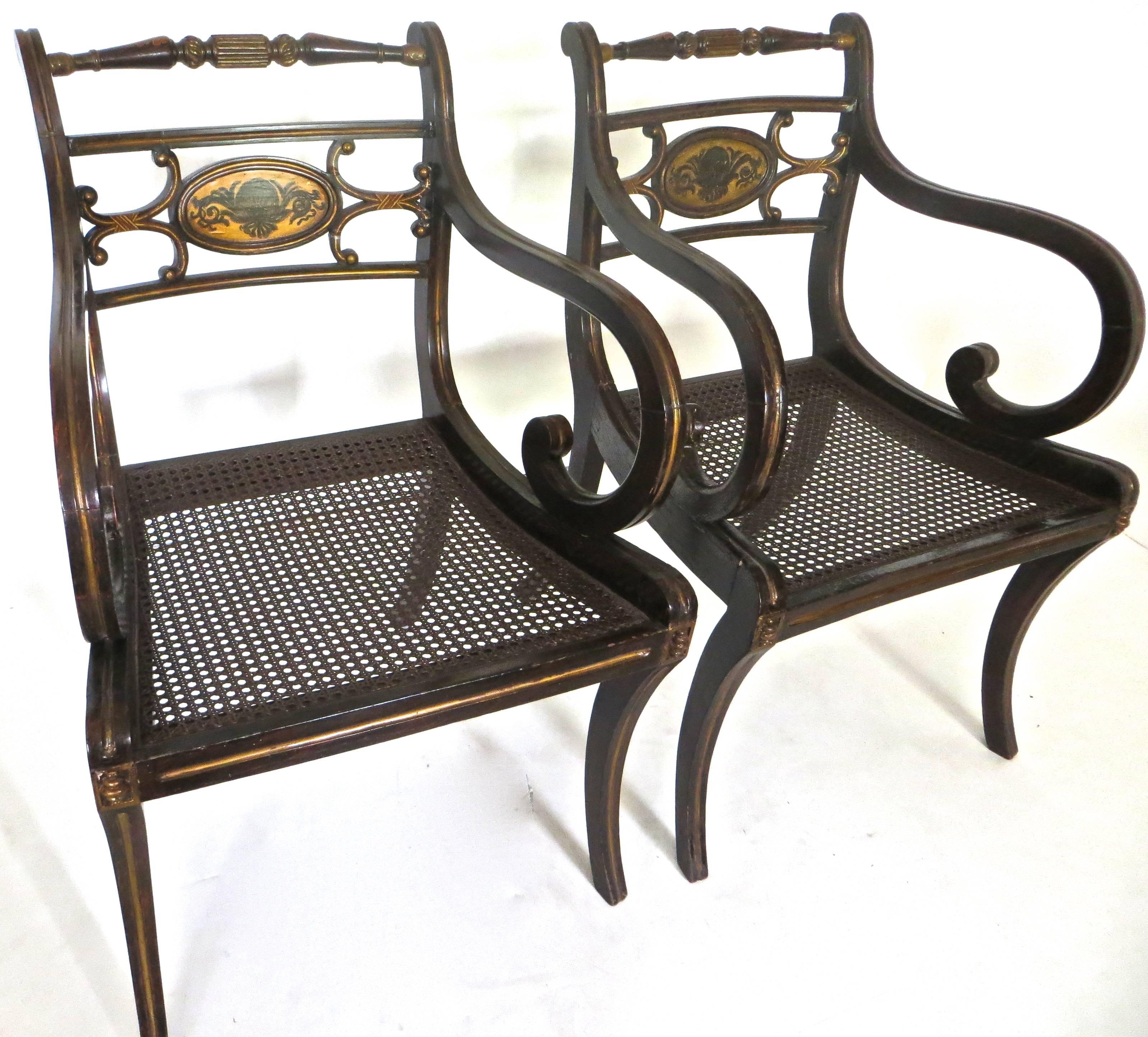 Hand-Painted Pair of Regency Faux Rosewood Japanned and Parcel Gilt Armchairs, circa 1810 For Sale